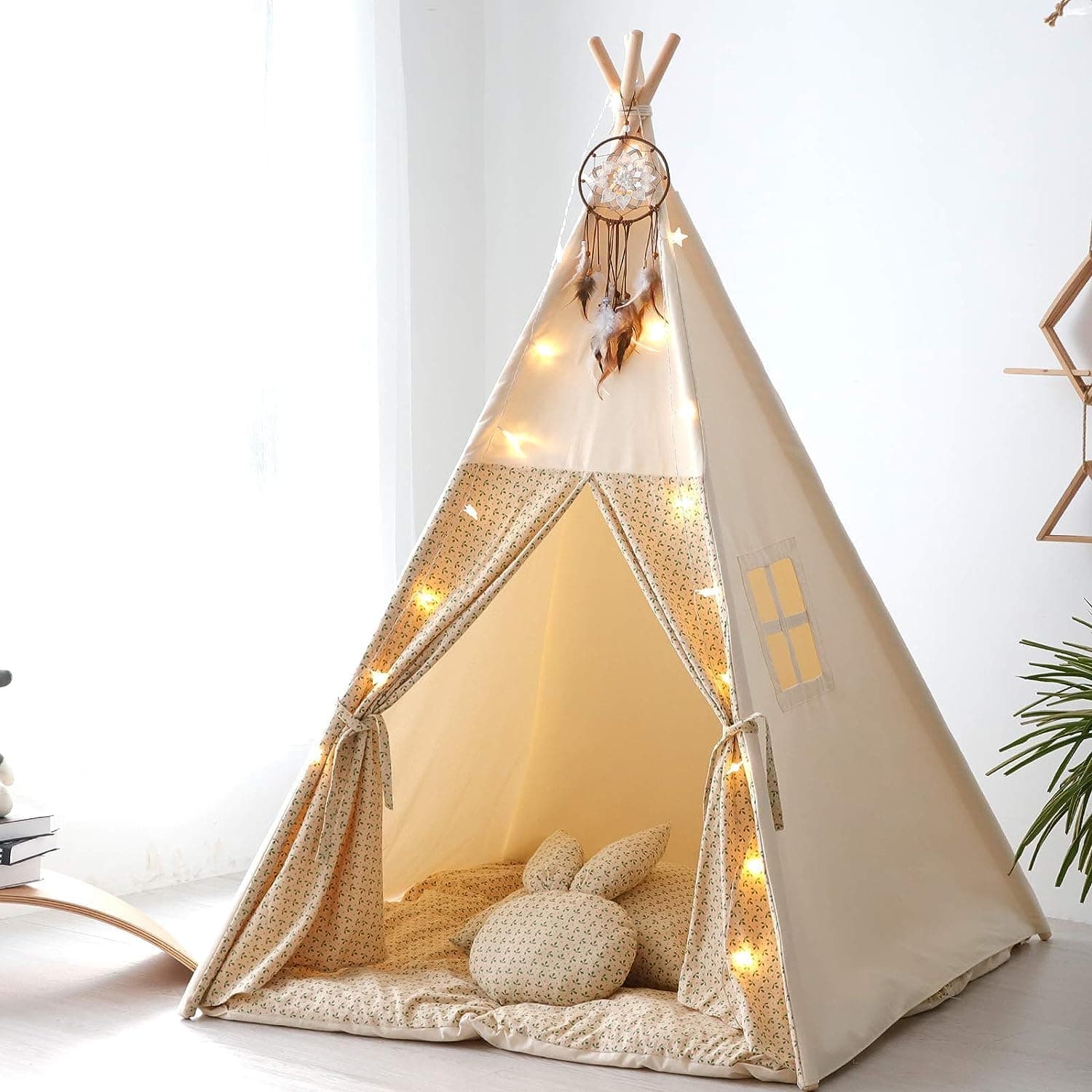 Teepee Tent for Kids with Mat,Foldable Play Tents for Girl and Boy with Carrybag,Canvas Tipi Playhouse for Children Indoor Outdoor(Beige & Mat)