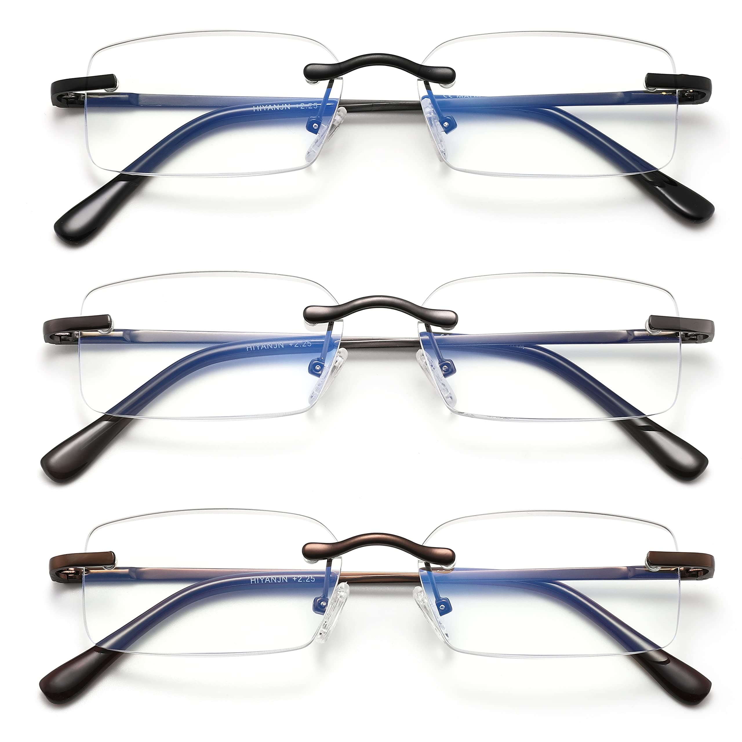 HIYANJN Frameless Reading Glasses Blue Light Blocking Rimless Computer Reader For men Lightweight Eyeglasses（3-pack