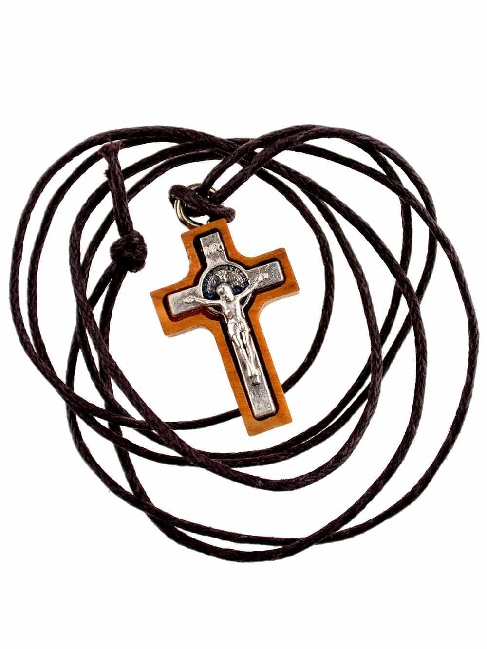 Wood Saint Benedict crucifix pendant. saint Benedict Medal.St Benedict cross made from wood. Wood cross crucifix.St Benedict Crucifix.