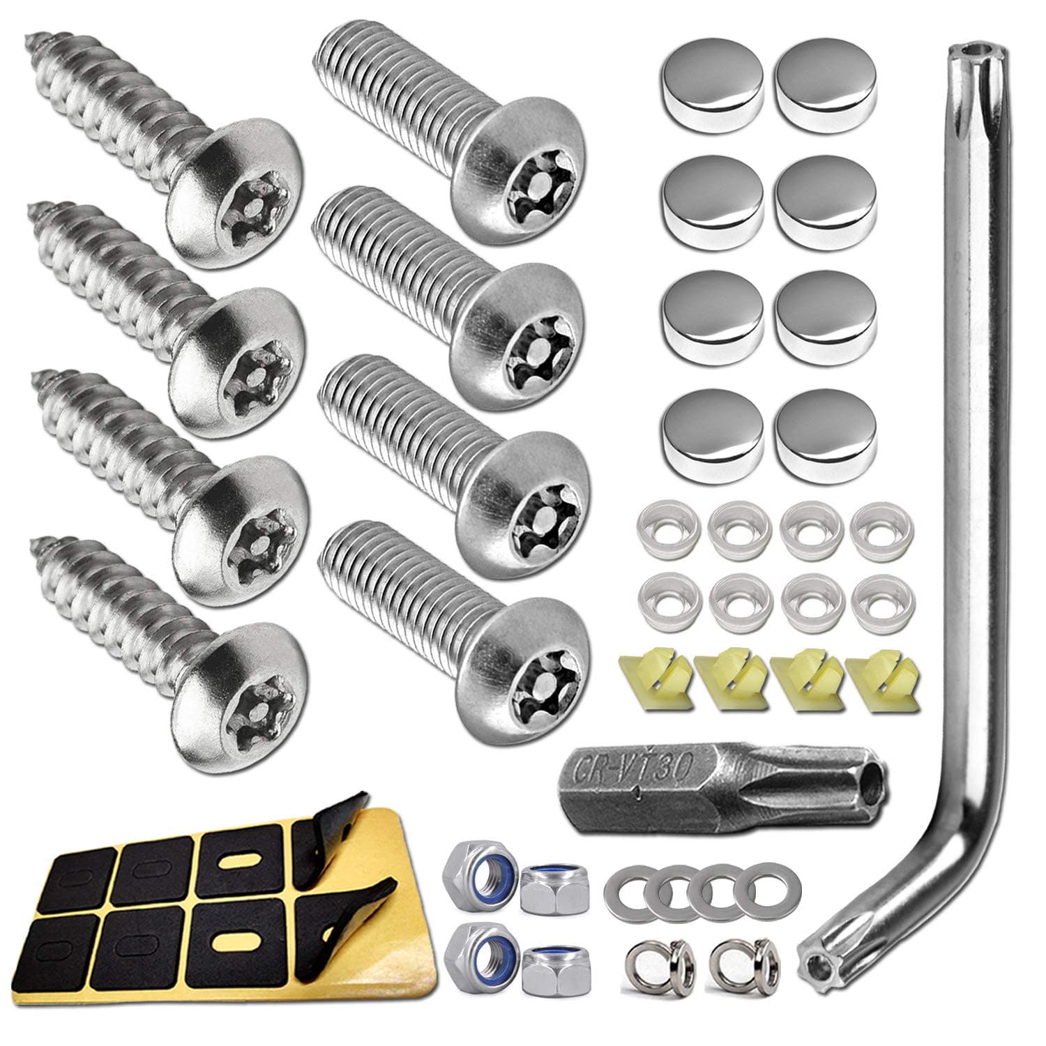 Anti Theft License Plate Screws- Stainless Steel Bolts Fasteners Kits for Car Tag Frame Holder, Tamper Resistant Mounting Hardware,1/4"(M6) Security Screw Set,Rust Proof,Chrome Screw Caps