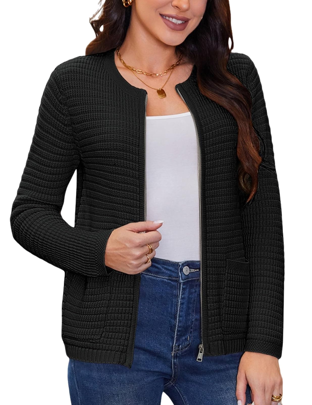 GRACE KARIN Women's 2024 Zip Up Cardigan Sweaters Long Sleeve Cardigan Sweatshirt Lady Tweed Jacket with Pockets