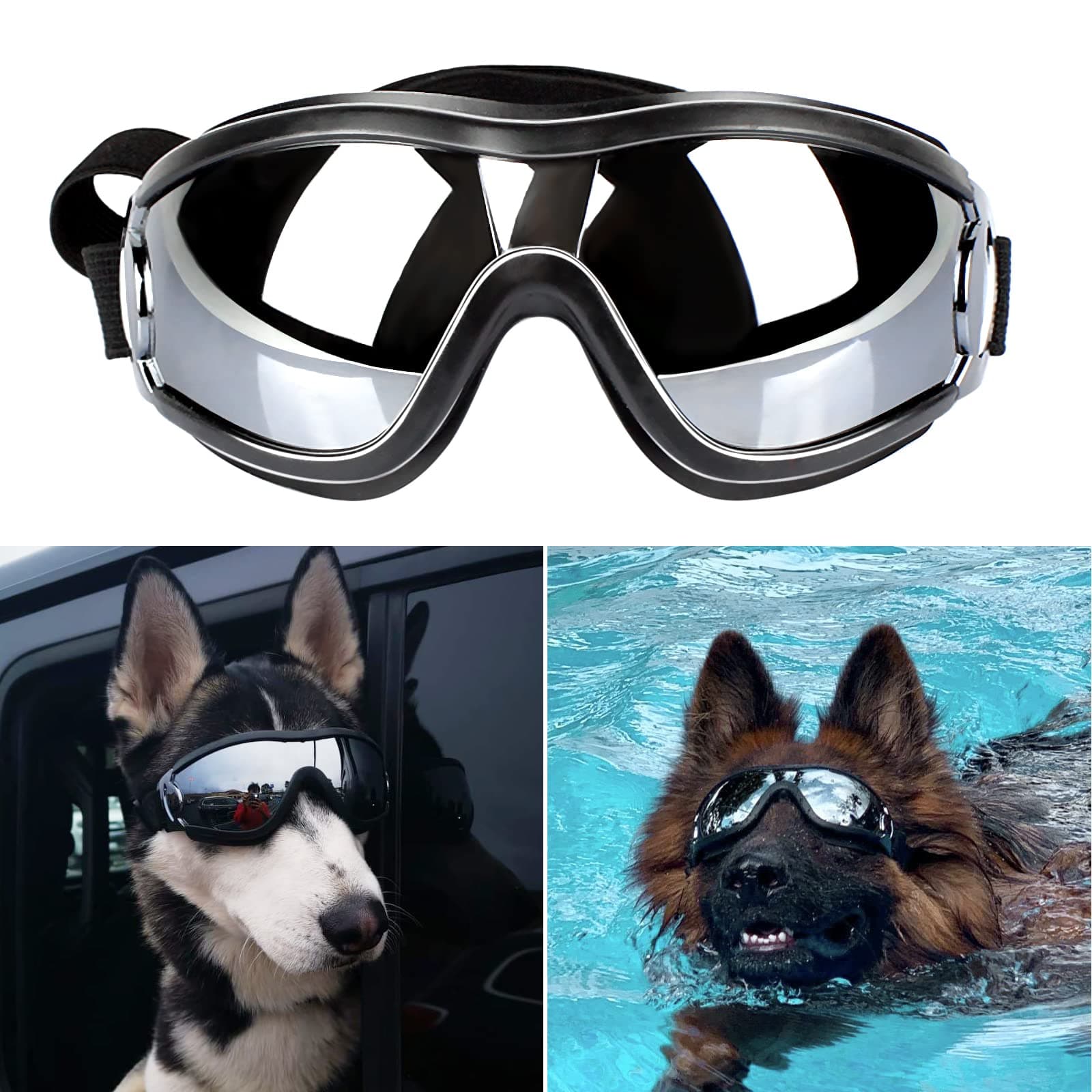 PEDOMUS Dog Sunglasses Dog Goggles Adjustable Strap for Travel Skiing and Anti-Fog Dog snow goggles Pet Goggles for Medium to Large Dog Black