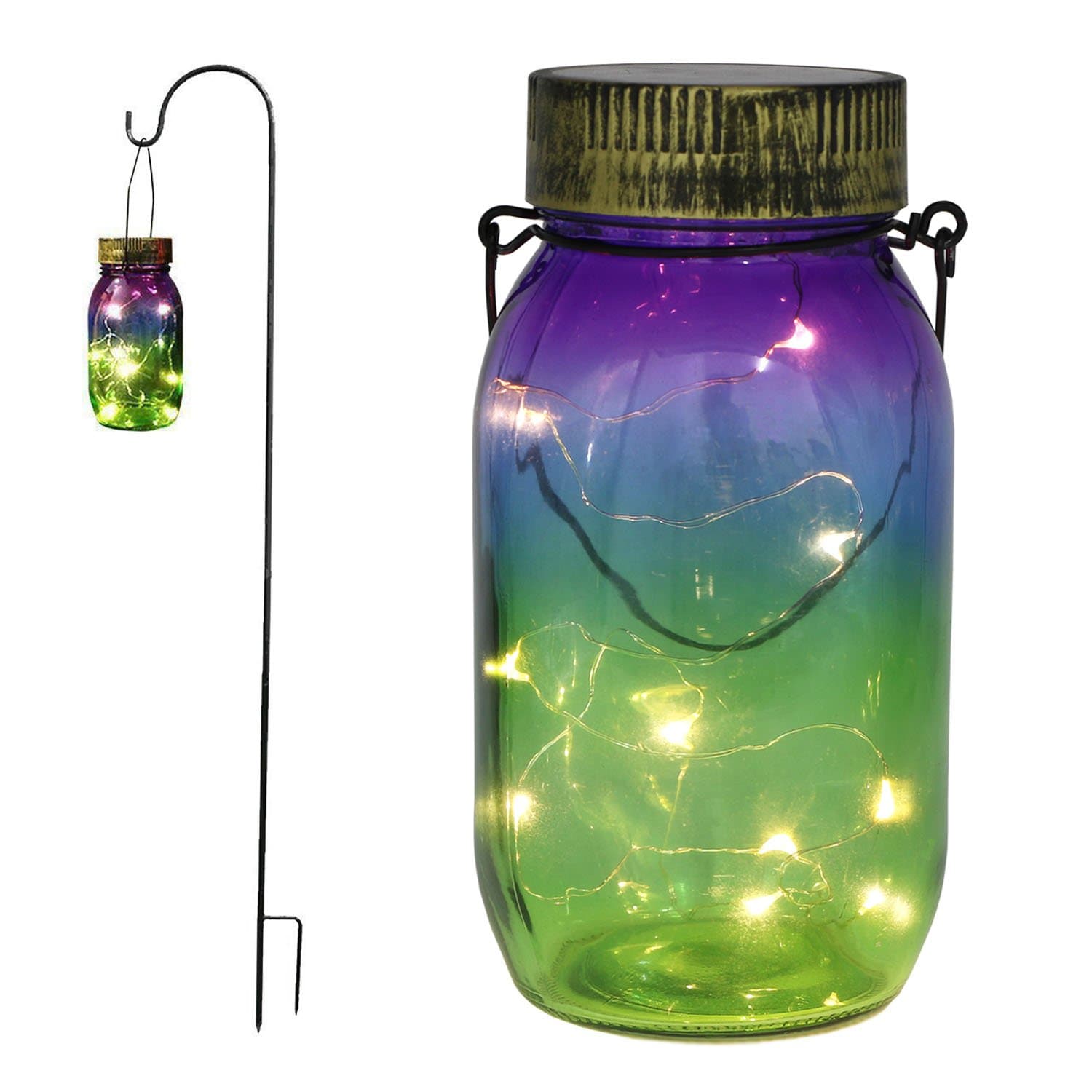 Garden Solar Stake Lights,Outdoor Hanging Solar Lights,Mason Jar Multi-Color Glass Lights,Garden Decor Lights with Shepherd Hook Homeimpro