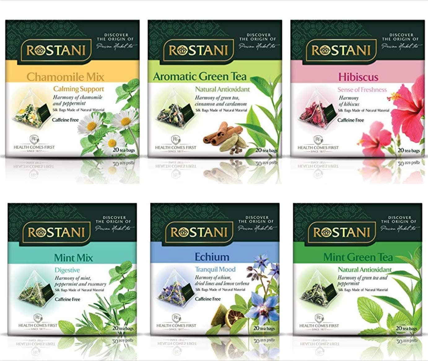 Rostani Pure Natural Herbal Tea Six Flavor Assortment, 120 Count Tea Bags in an All Natural Silk Pyramid Bags (Pack of 6 Boxes of 20 Bags Each) Variety of Herbal Tisane