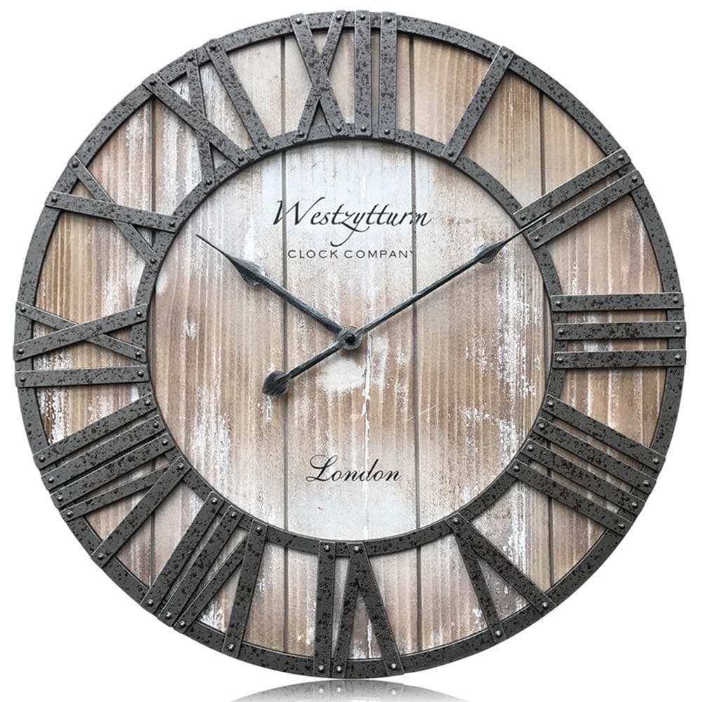 Wood Wall Clock 18 inch Battery Operated Non Ticking Silent Large Decorative Antique Clock Metal Hands Round Rustic Clock ,Wooden Clocks for Bedrooms,Living Room,Office (Westzytturm Brand Pink)