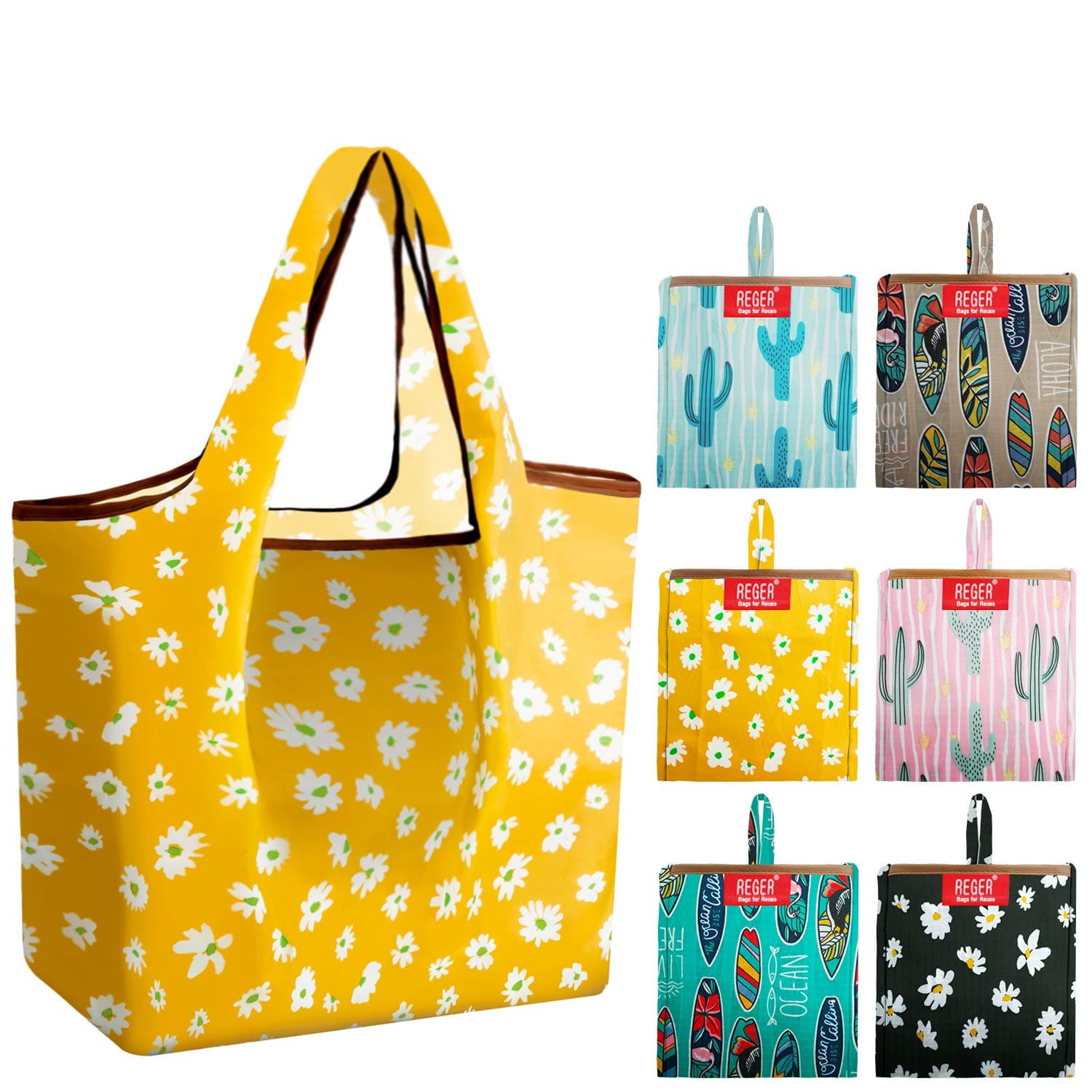 Grocery-Bags-Shopping-Reusable-Foldable-Bags 6 Pack With Square Pouch Grocery Bags Cloth Reusable Bags Ripstop Washable Bag Large Durable Light Weight Cactus