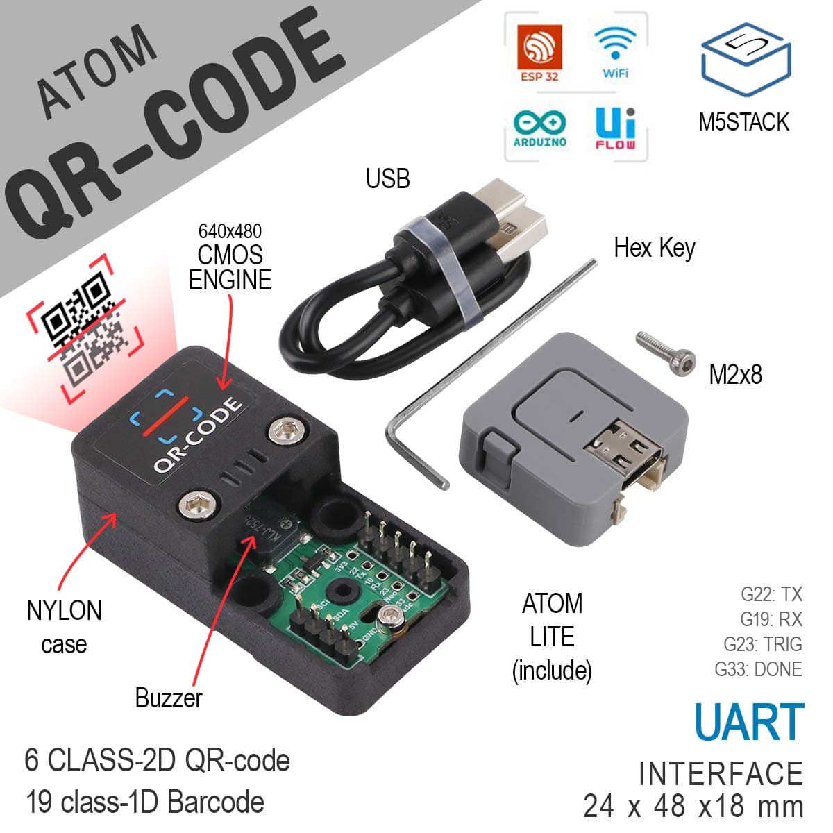 Barcode Scanner Kit Bluetooth QR Code USB 2D 1D Scanner Module Built-in LED UART/TTL Communication Support ESP32 WiFi