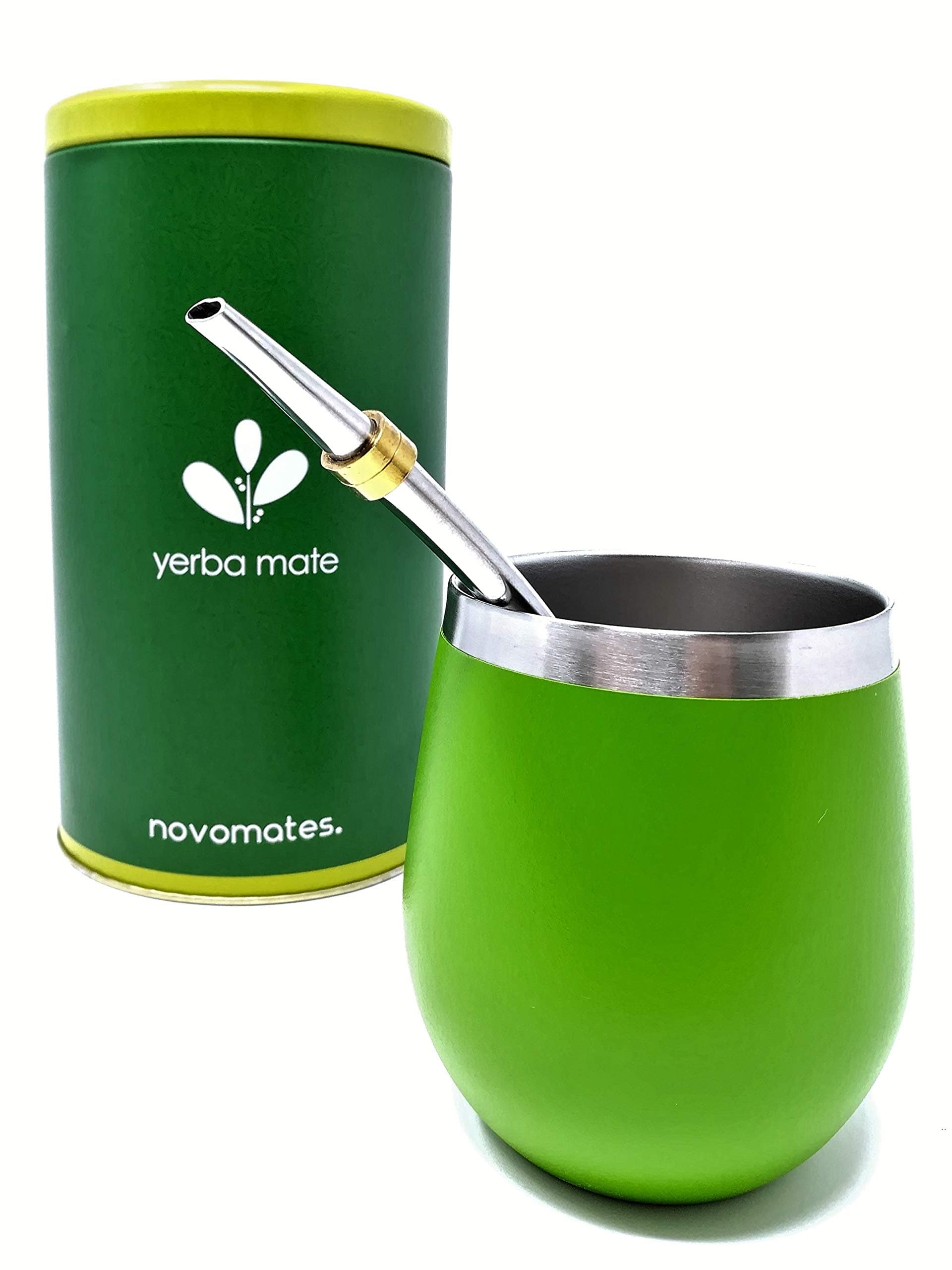 Novomates Yerba Mate Kit w/Double Wall Stainless Steel Mate Cup, Mate Straw and Yerba Container – Yerba Mate Gourd - Bombilla Mate & Mate Tea Cup 8oz (237ml) (Green)