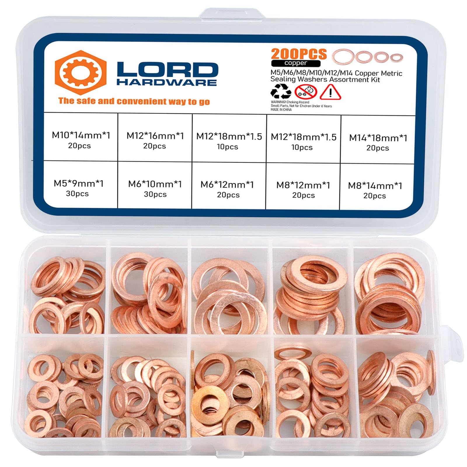 LordHardware 200pcs Copper Crush Metric Washers Assortment Kit Flat Sealing Washer M5 M6 M8 M10 M12 M14 (9 Sizes)
