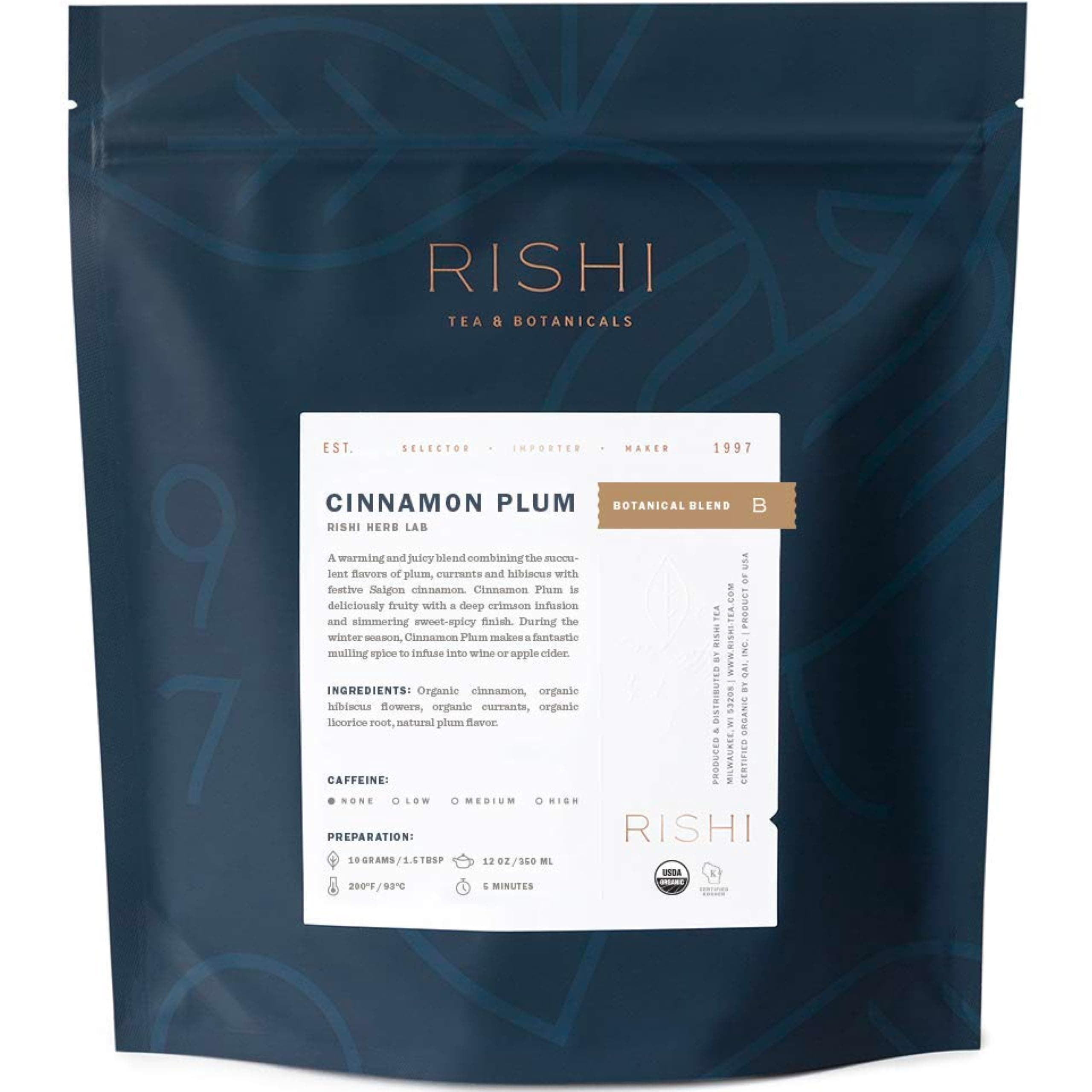 Rishi TeaCinnamon Plum Herbal Tea - Organic, Caffeine Free Loose Leaf, Warming & Naturally Sweet - 16 Ounces, 45+ ServingsUSDA Organic