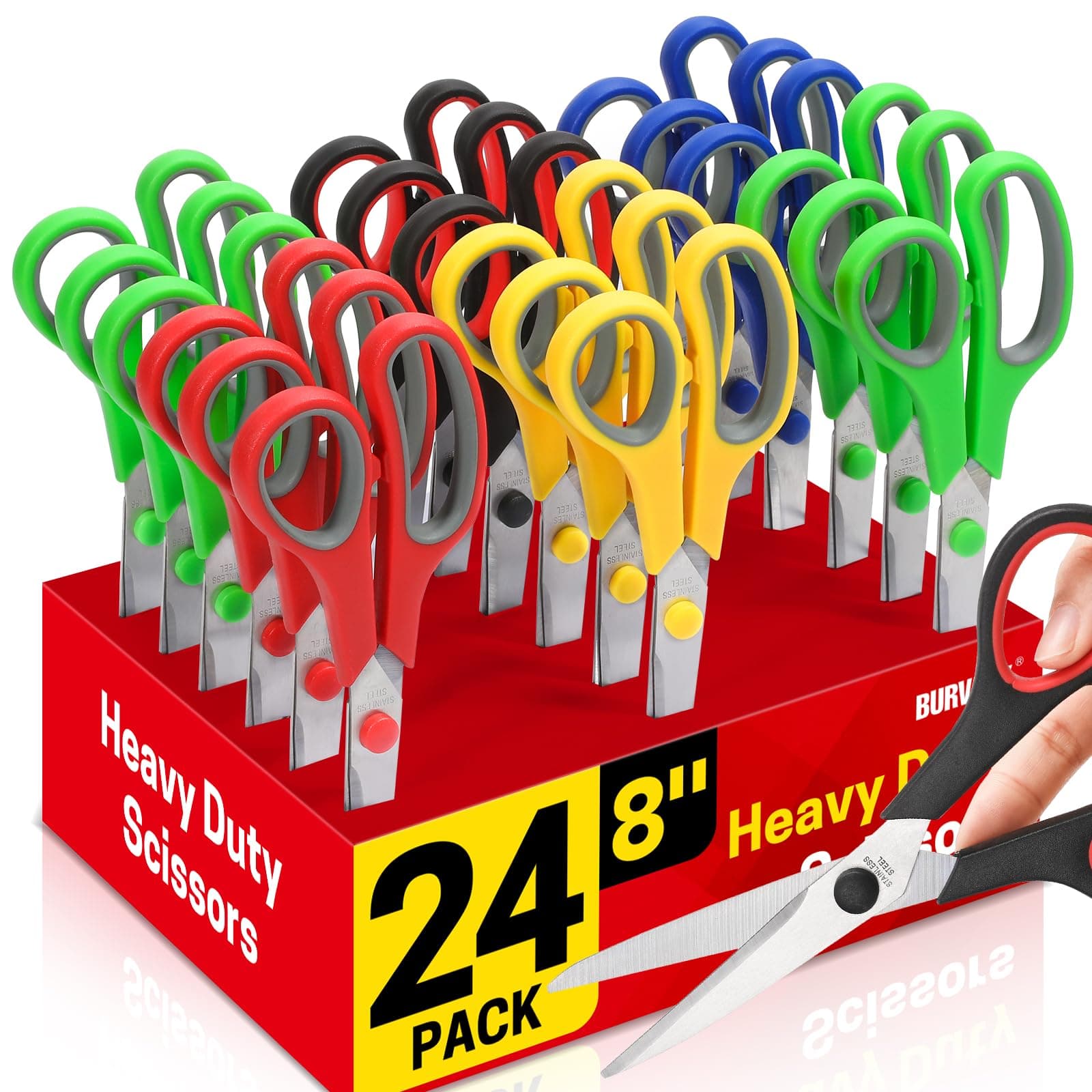 24-Pack 8" All Purpose Heavy Duty Sharp Scissors Bulk for Office School Home Stainless Steel Blades Safety Soft Grip Handles,Right/Left Handed Scissors