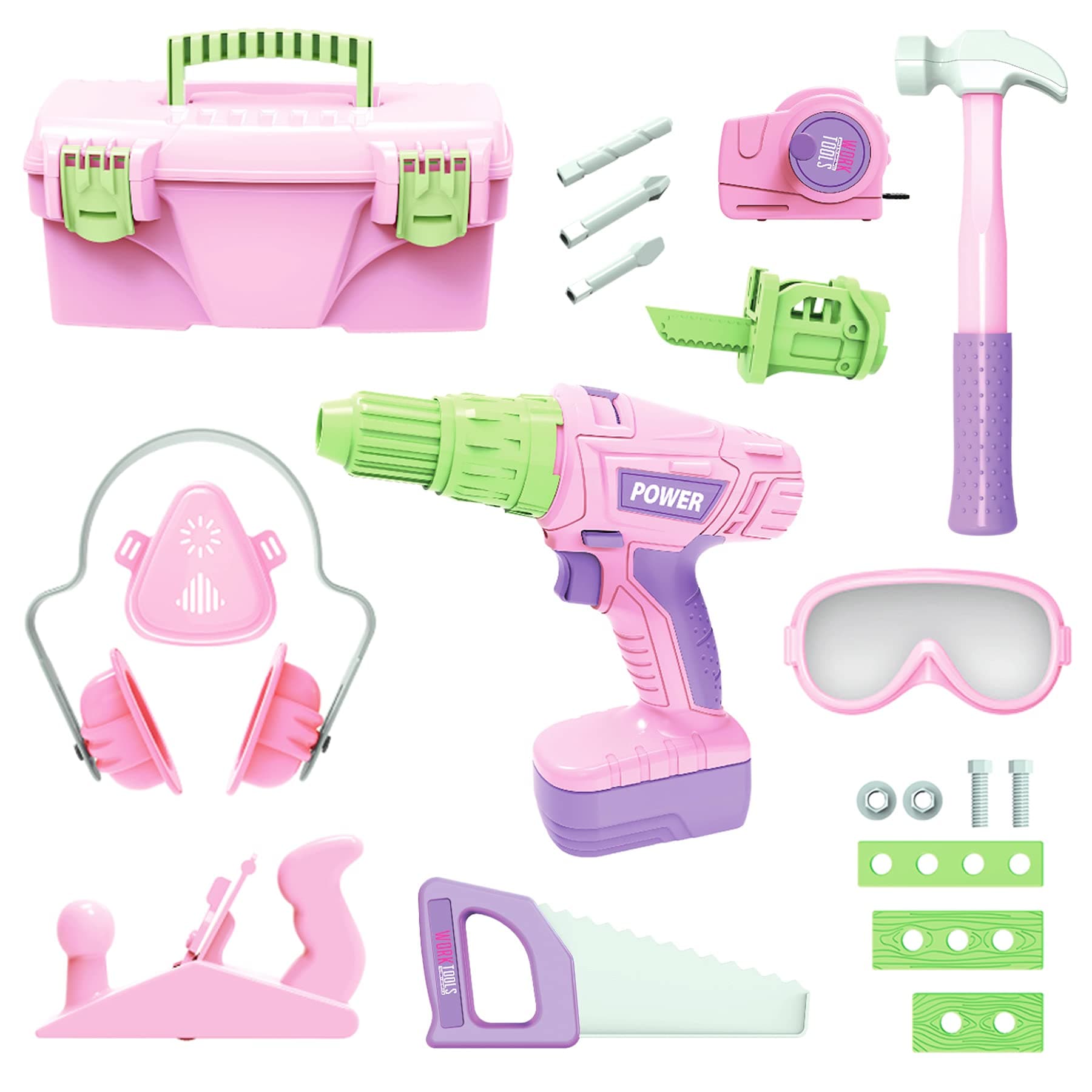 Kids Tool Set - Pretend Play Construction Toy With Tool Box and Electric Drill for Toddler Boys and Girls, Pink, Ages 3+