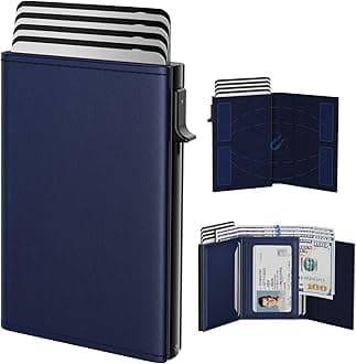 typecase Mens Wallet Card Holder: Pop Up Aluminum Case, Premium Genuine Leather, Smart, RFID Blocking, Slim, Minimalist, Front Pocket - 9-14 Card Capacity | ID Window | Cash Slot (Navy)