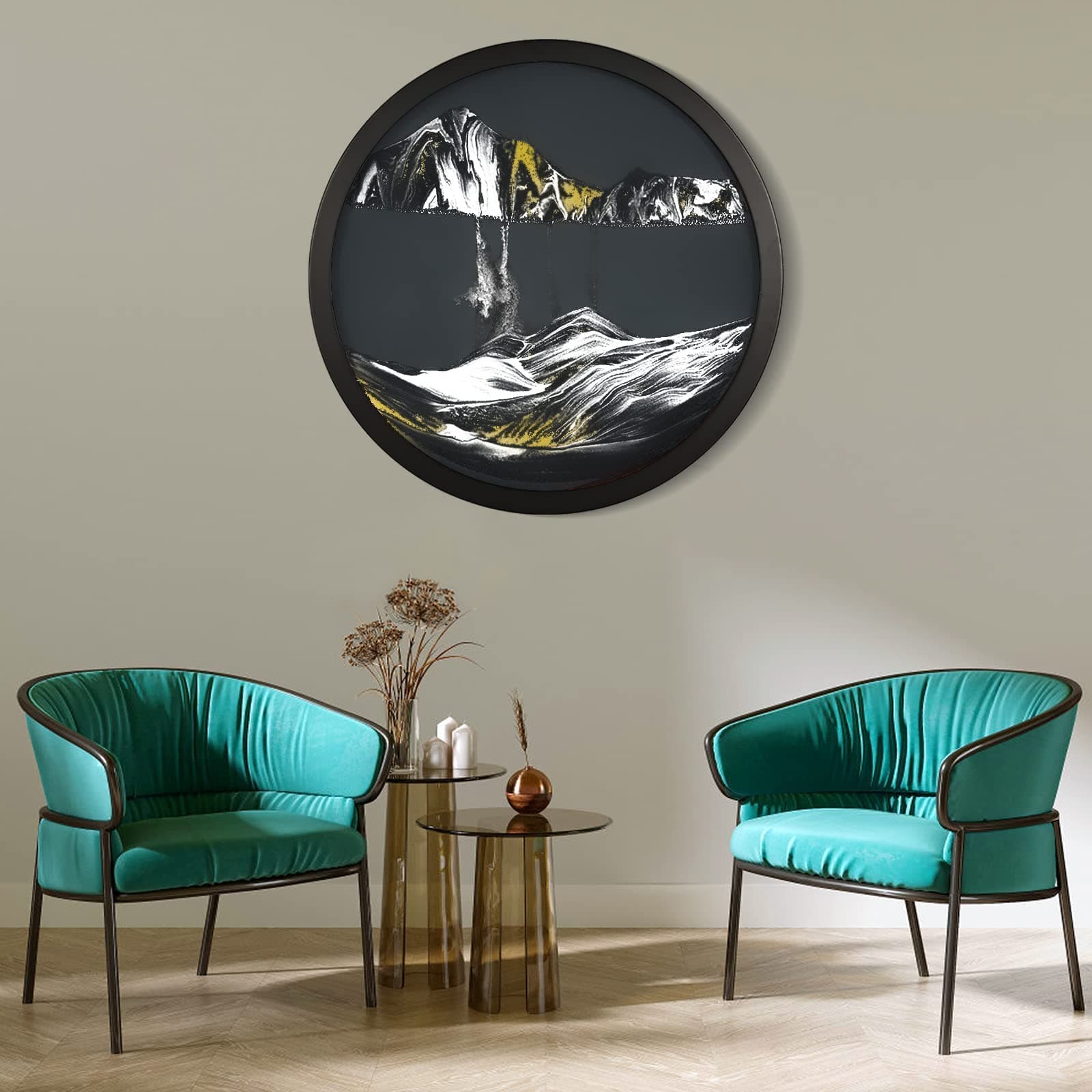 JZWLW Moving Sand Art Decor Picture 3D Deep Sea Sandscape 360° Rotation Sand Art Liquid Motion Round Glass Crafts Wood Frame Relaxing Relieve Depression Wall Decor for Home Office (Black, 9.4IN)