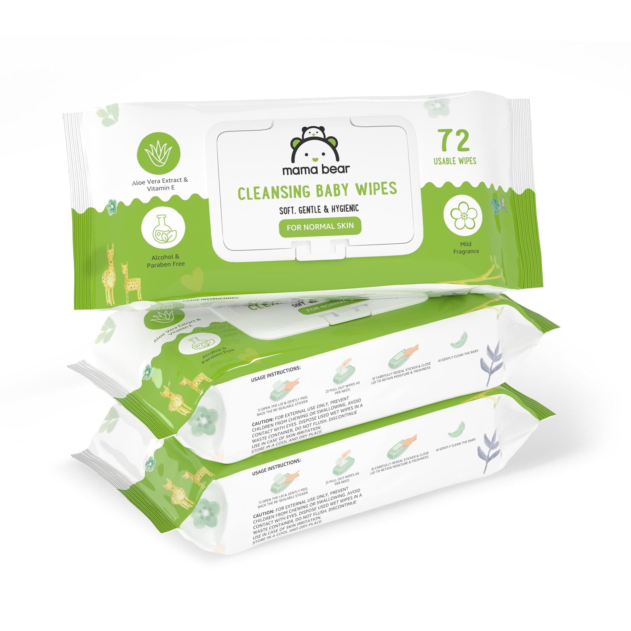 Amazon Brand - Mama Bear Cleansing Baby Wipes With Lid | 216 Wipes | 72 Wipes x 3 Packs | Dermatologically Tested | With Aloe Vera & Vitamin E | Alcohol-Free | Paraben-Free | Water-Based formulation