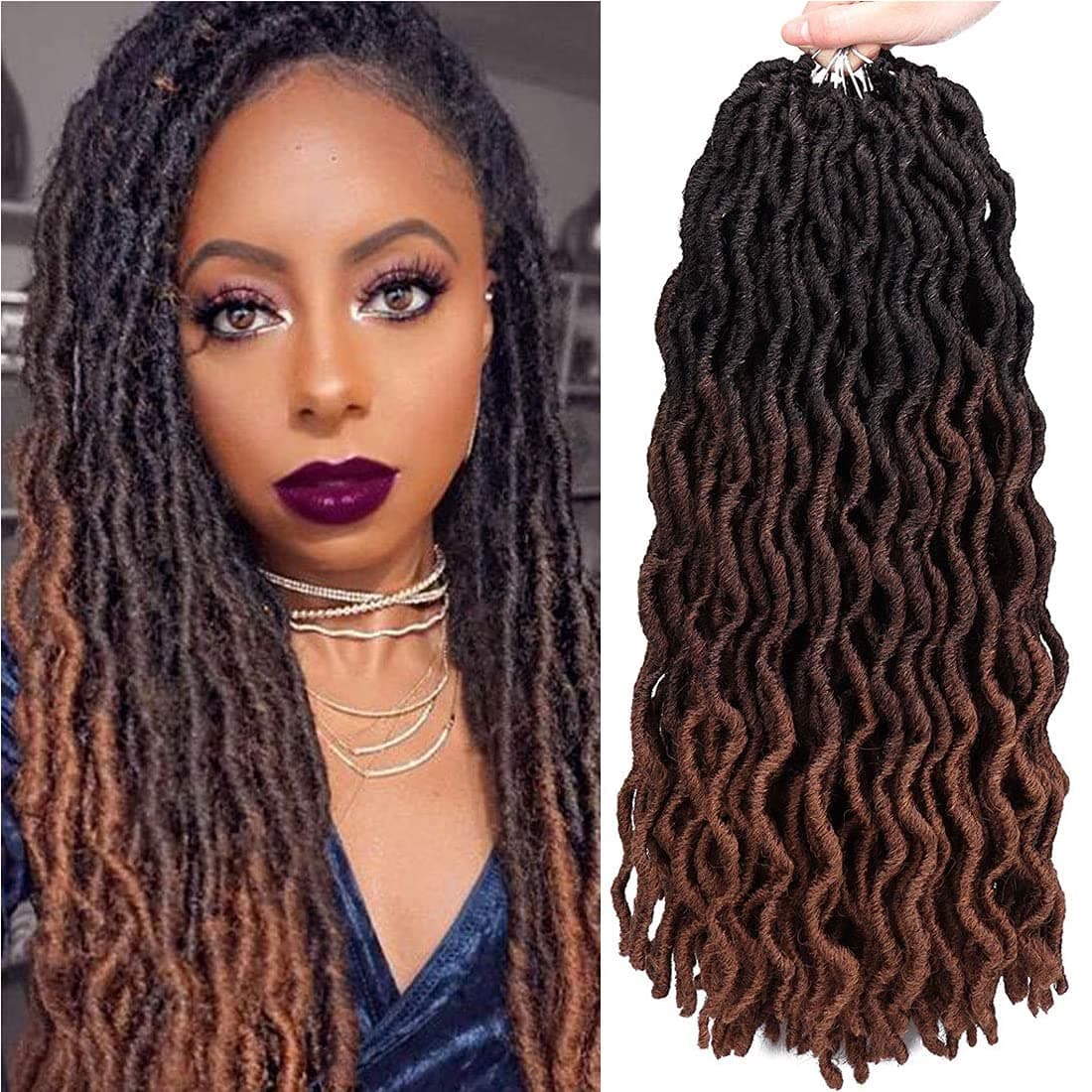 Gypsy Faux Locs Wavy Crochet Hair 6 Packs 18 Inches Curly Soft Dreadlocks Passion Twists Hair Synthetic Goddess Nu Locs Crochet Braids Hair Extensions(T1B/4/30)