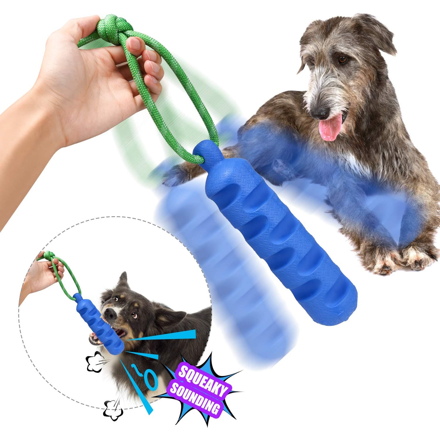 YUEJING Durable Dog Chew Toys, Interactive Durable Squeaky Dog Toy On A Rope, Indestructible Squeaky Dog Bone-Shaped Pet Chew Toy for Medium Large Dog, Natural Rubber Non-Toxic