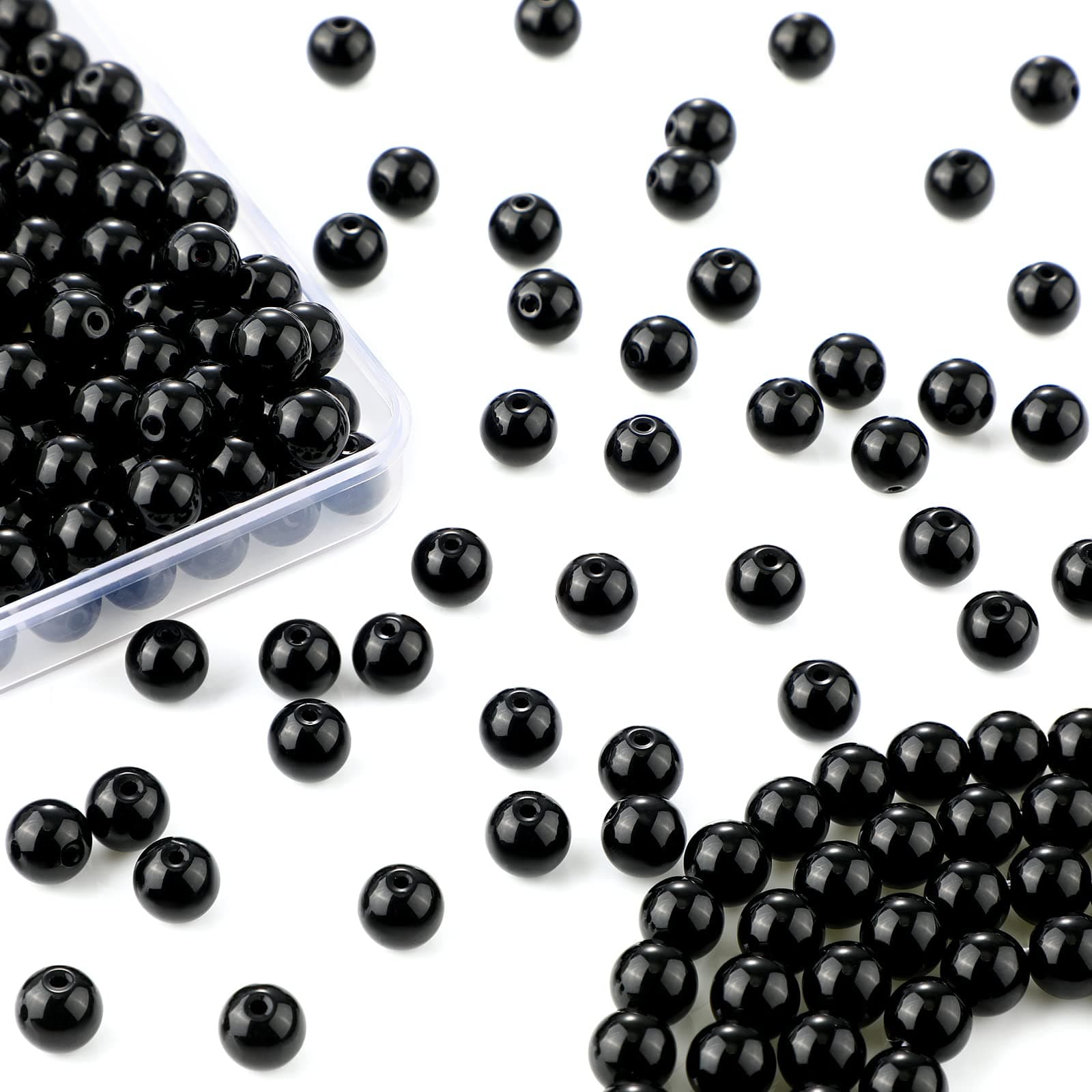 Kigeli 300 Pcs 8 mm Black Glass Beads, Black Onyx Agate Imitation Gemstone Obsidian Stone Round Loose Beads for Bracelet Jewelry Making Necklace Earrings DIY Crafts