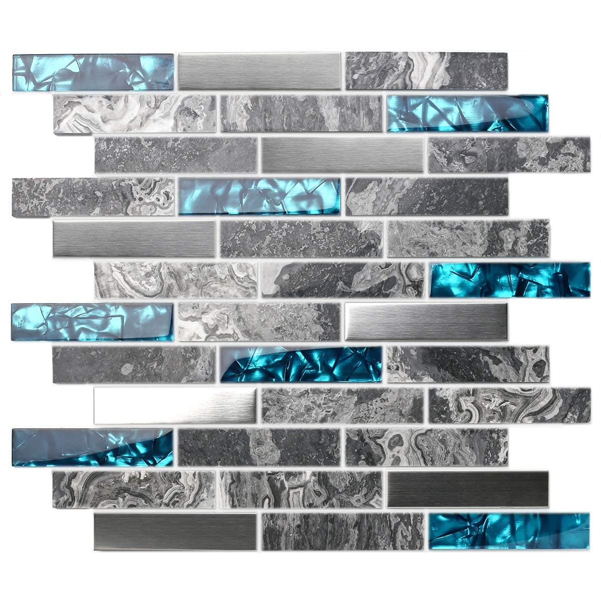 TST Stone Glass Tile Gray Smooth Polished Marble Teal Blue Crystal Glass Brushed Steel Accent Wall Backsplash Border Art Mosaic Tile TSTMGT001 (11 Square Feet)