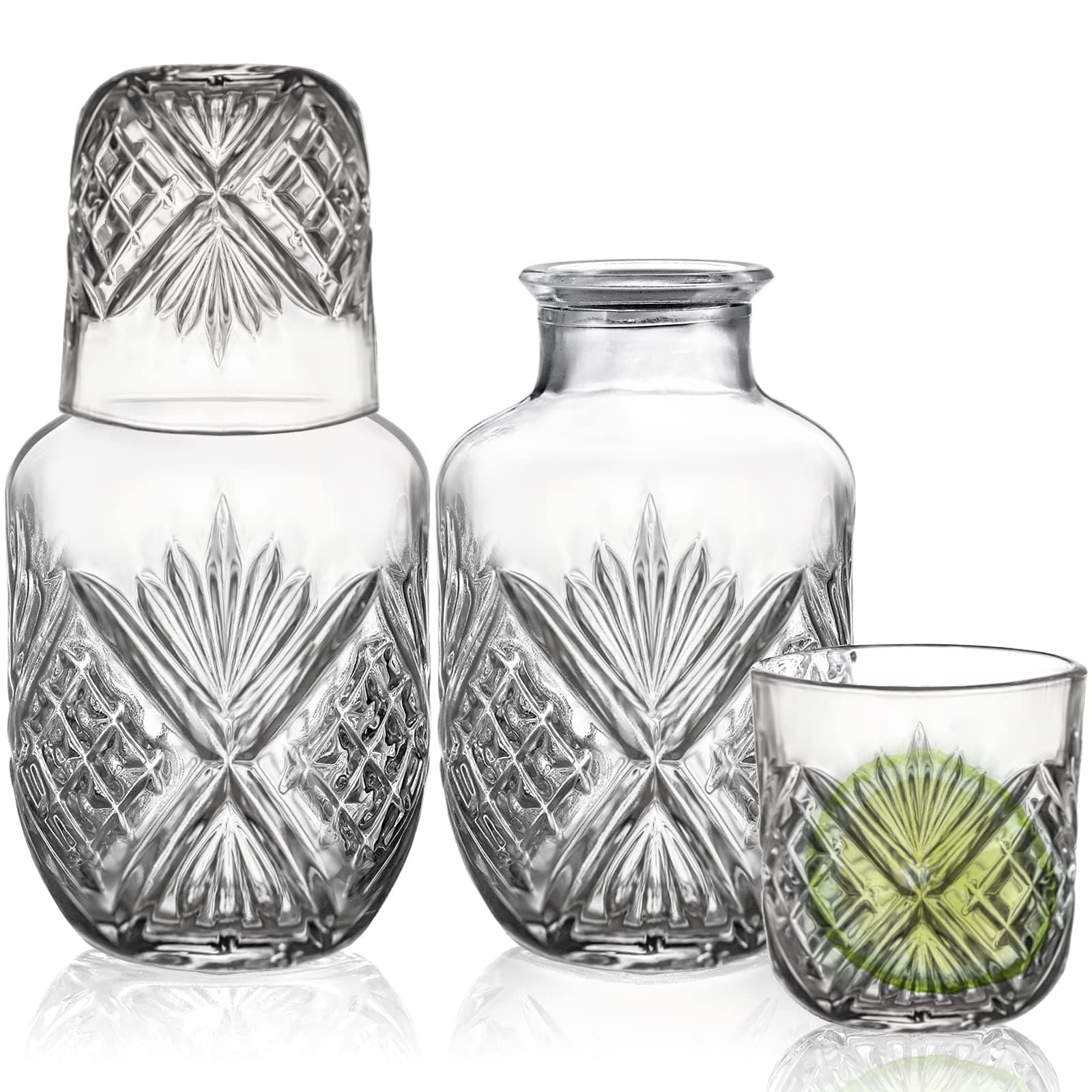 Suwimut 4 Pieces Bedside Carafe and Glass Set, 500ml/18 OZ Vintage Night Pitcher With Tumbler Cup, Mouthwash Decanter for Bathroom, Juice Water Set