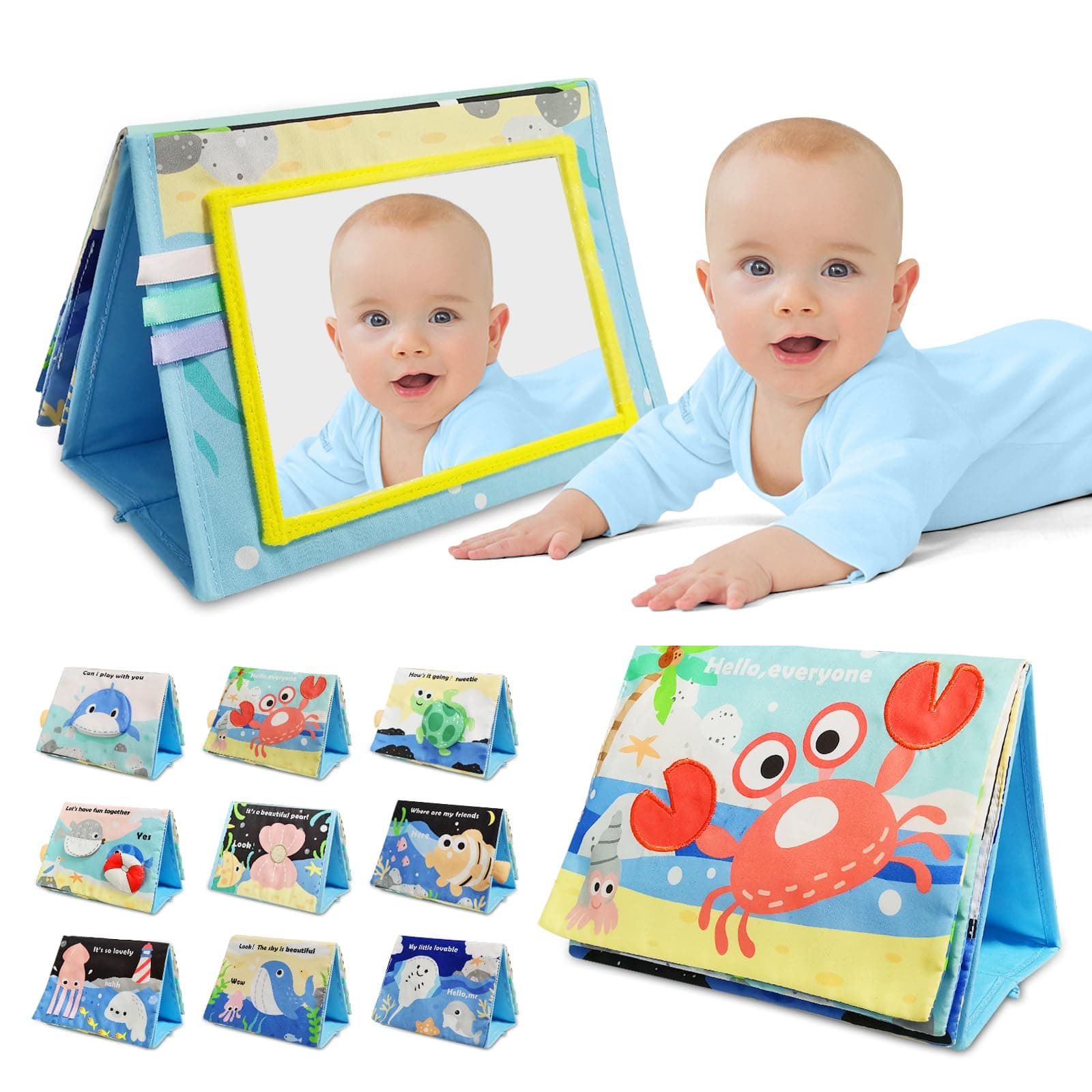 Baby Toys 0-6 Months, Tummy Time Mirror for Infant 0-3-6-12 Months Old, Newborn Sensory Gifts for Brain Montessori Development, Boys & Girls Toy, High Contrast Activity Crinkle Book w Safe Mirror