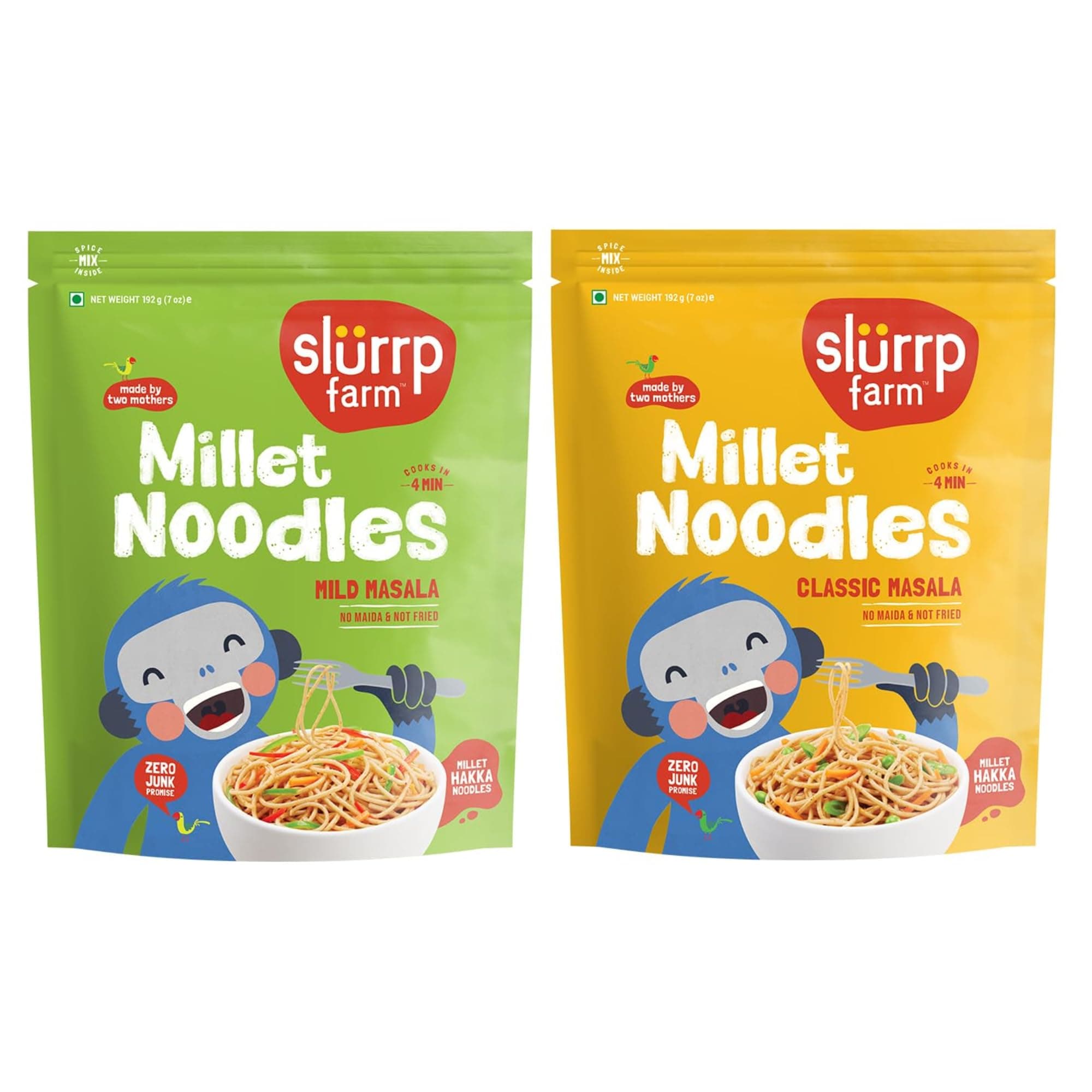 Slurrp Farm Millet Noodles Variety Pack | Mild & Classic Masala | No Maida, Not Fried | Nutritious, Wholesome & Tasty Meal for Kids & Adults | Cooks in 4 Mins | 6.77 Oz (Pack of 2)