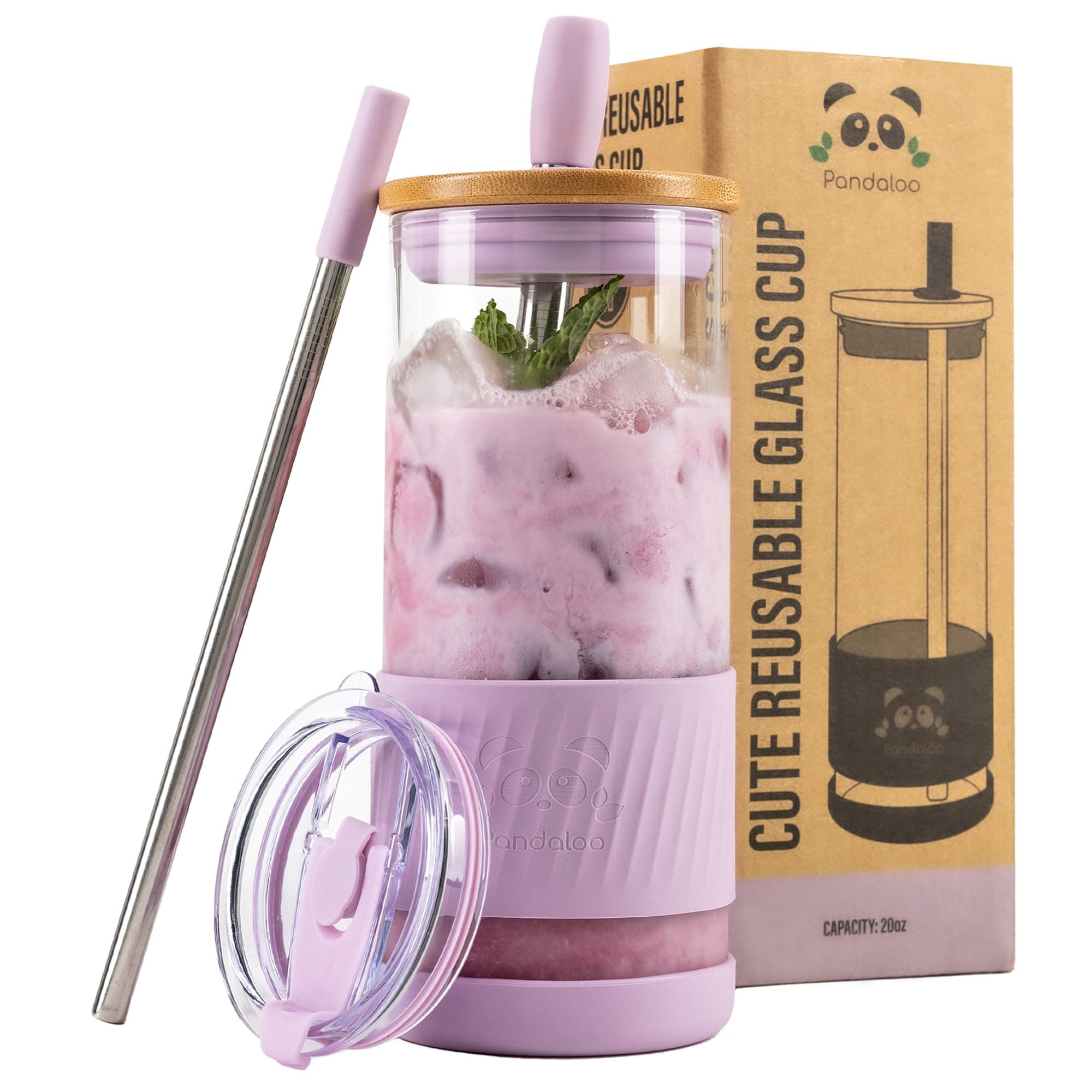 Glass Cups With Lids and Straws -20 Fl Oz- Perfect Size Iced Coffee Cup - Smoothie Cup With Bamboo Lid and On the go Lid - Glass Tumbler With Straw (1 Count (Pack of 1), Lilac Rhapsody)