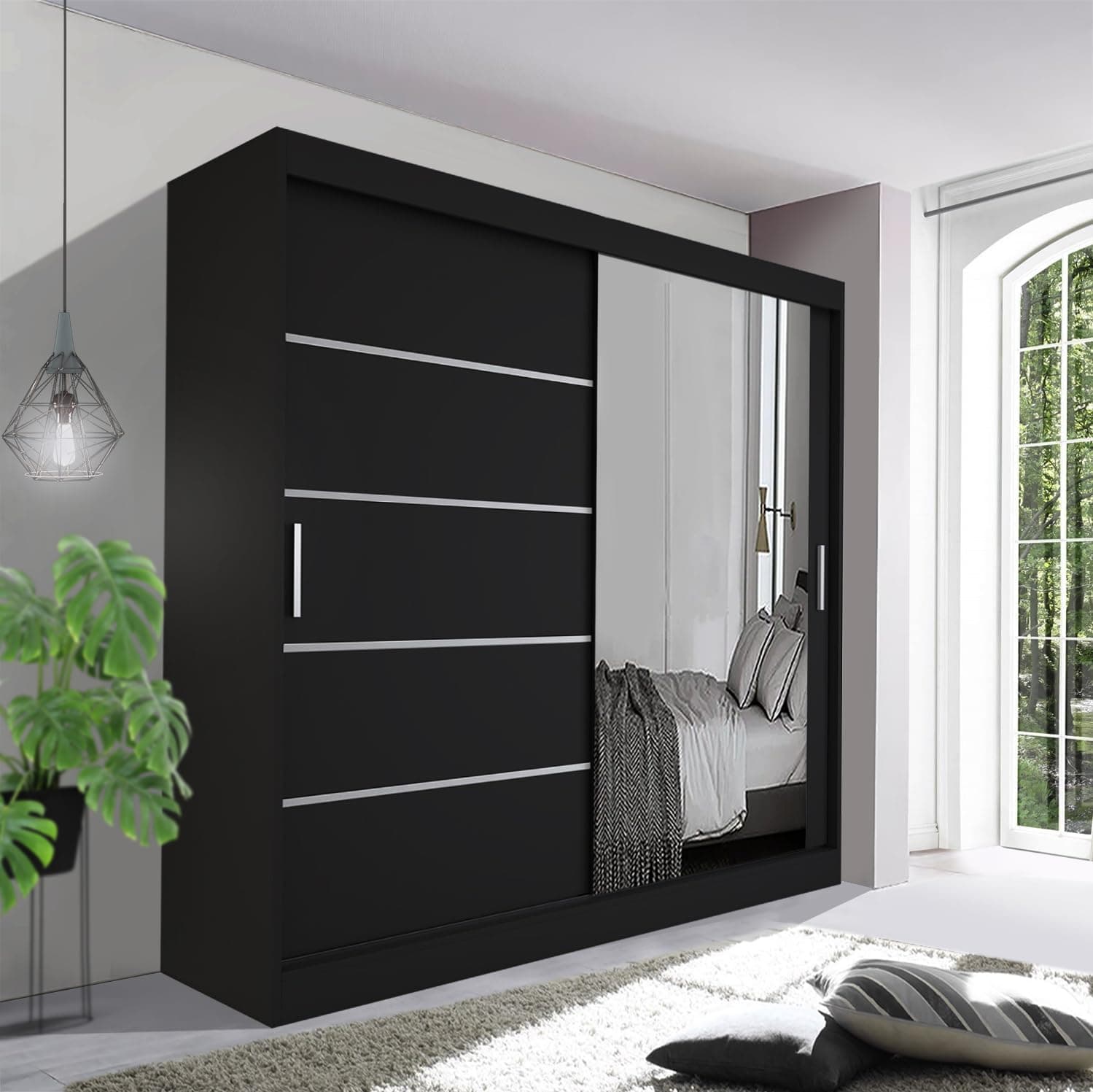 German Sliding Wardrobe Spacious Bedroom Sliding Wardrobe - Sleek and Functional Design comes in White/Grey/Black/Oak and Width 120cm/150cm/180cm/203cm/250cm (Black, 150cm)