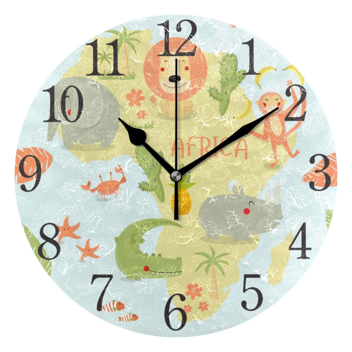 senya Wall Clock Silent 9.5 Inch Battery Operated Non Ticking Cartoon Animal Lion Monkey Elephant Crocodile and Hippo-Africa Round Decorative Acrylic Quiet Clocks for Bedroom Office School Home