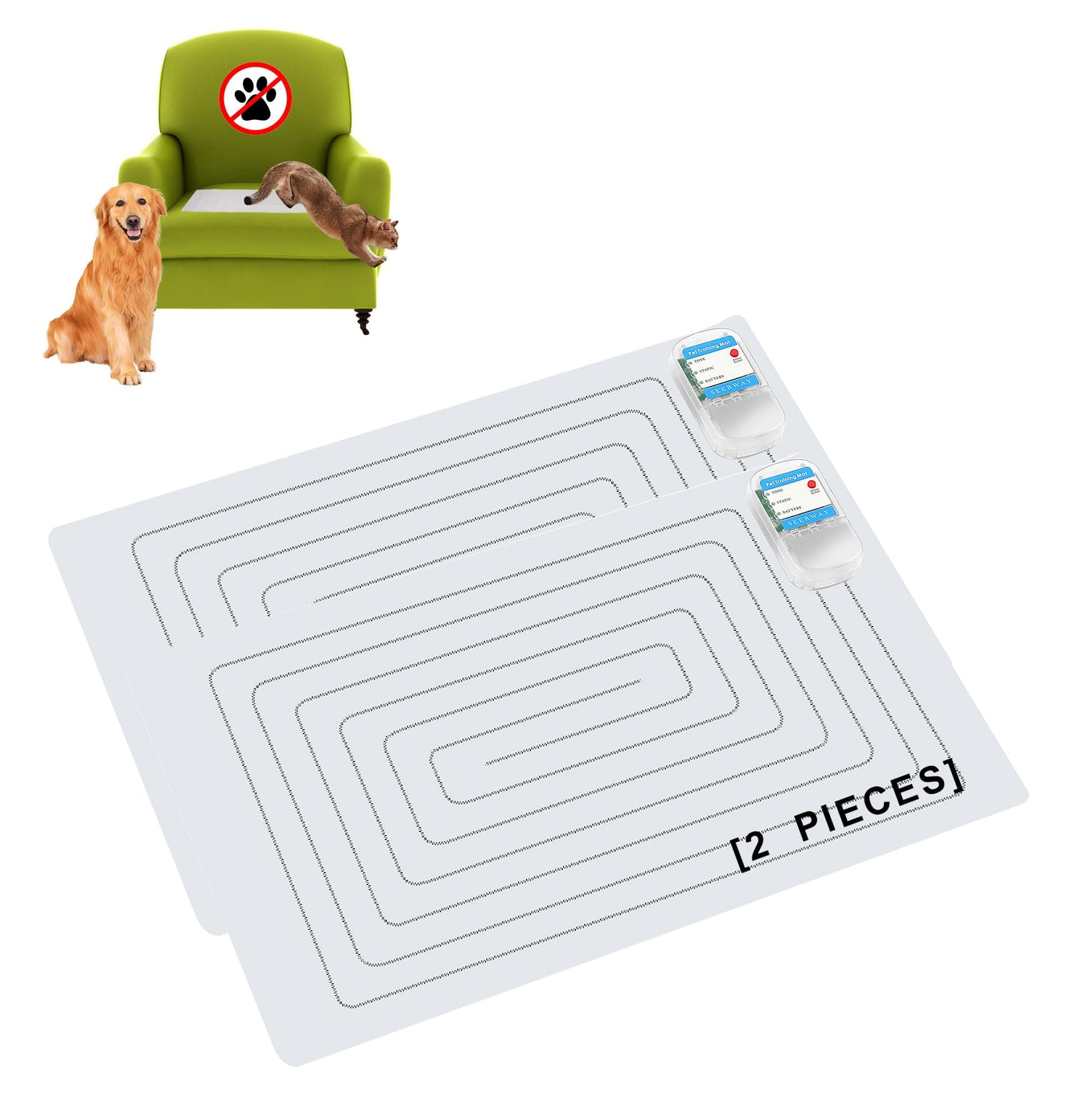 SEERWAY 2-Pack Pet Shock Mat for Dogs & Cats - Keep Pets Off Couch, Bed, Kitchen Counter with 3 Training Modes, Waterproof & Adjustable Deterrent Mat