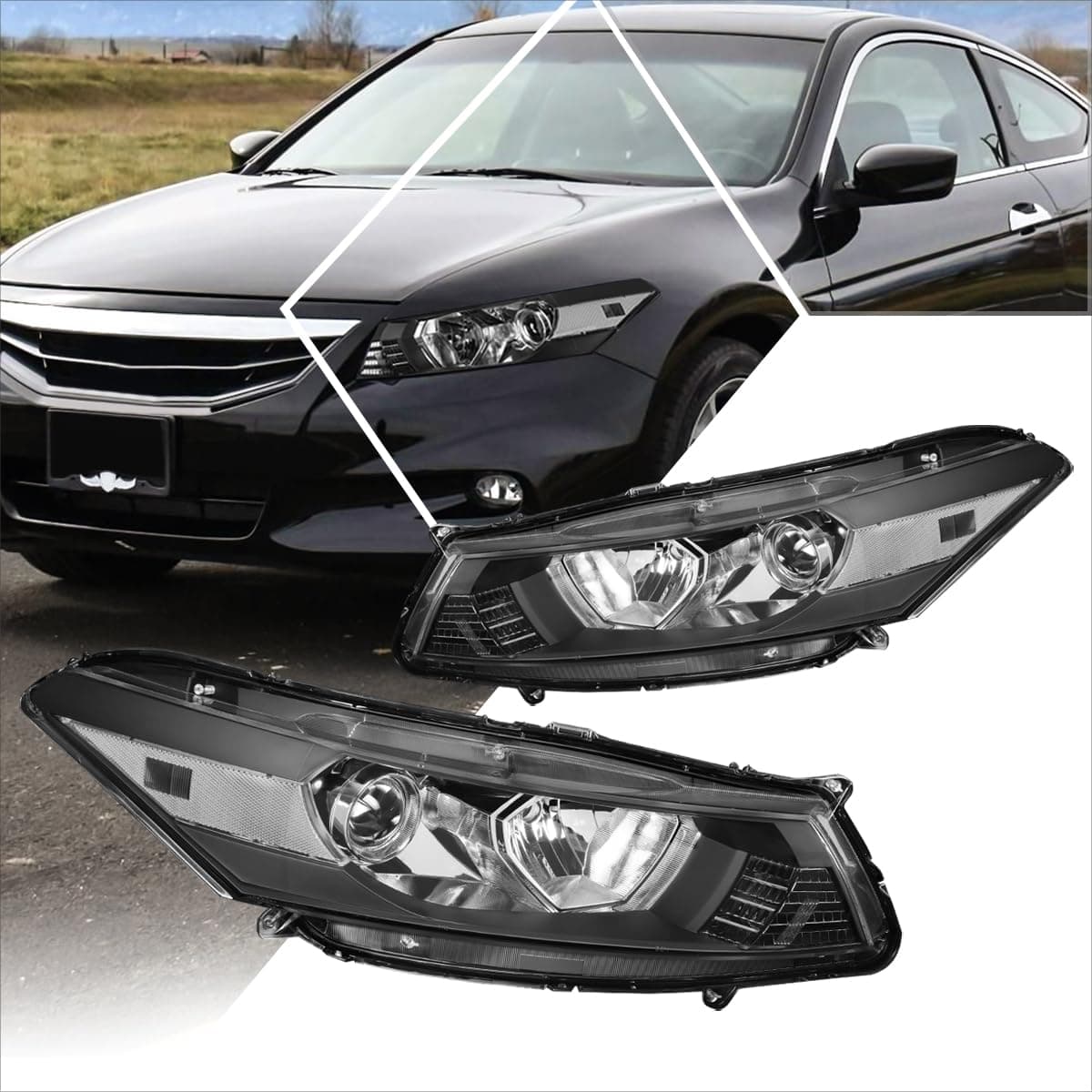 Projector Headlight Assembly Compatible with Honda Accord Coupe 08-12 | Headlamps with Black Housing Clear Corner
