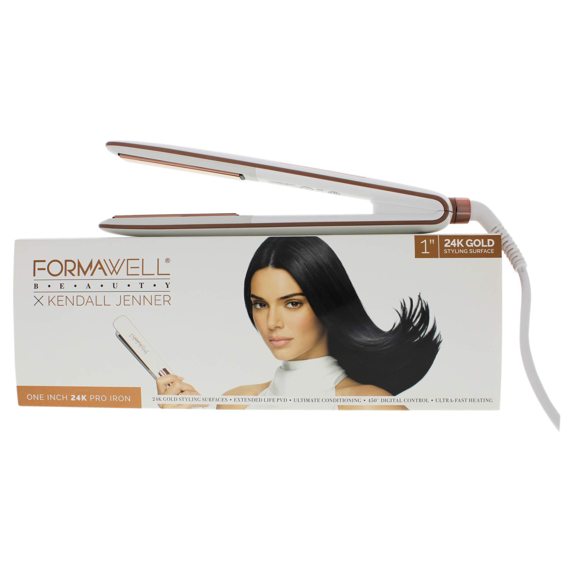 Beauty x Kendall Jenner One Inch 24K Gold Pro Flat Iron Hair Straightener | Ultra-Fast Heating to 450°F with LED Display | Negative-Ion Conditioning | Dual Voltage, No-Tangle 8ft Cord