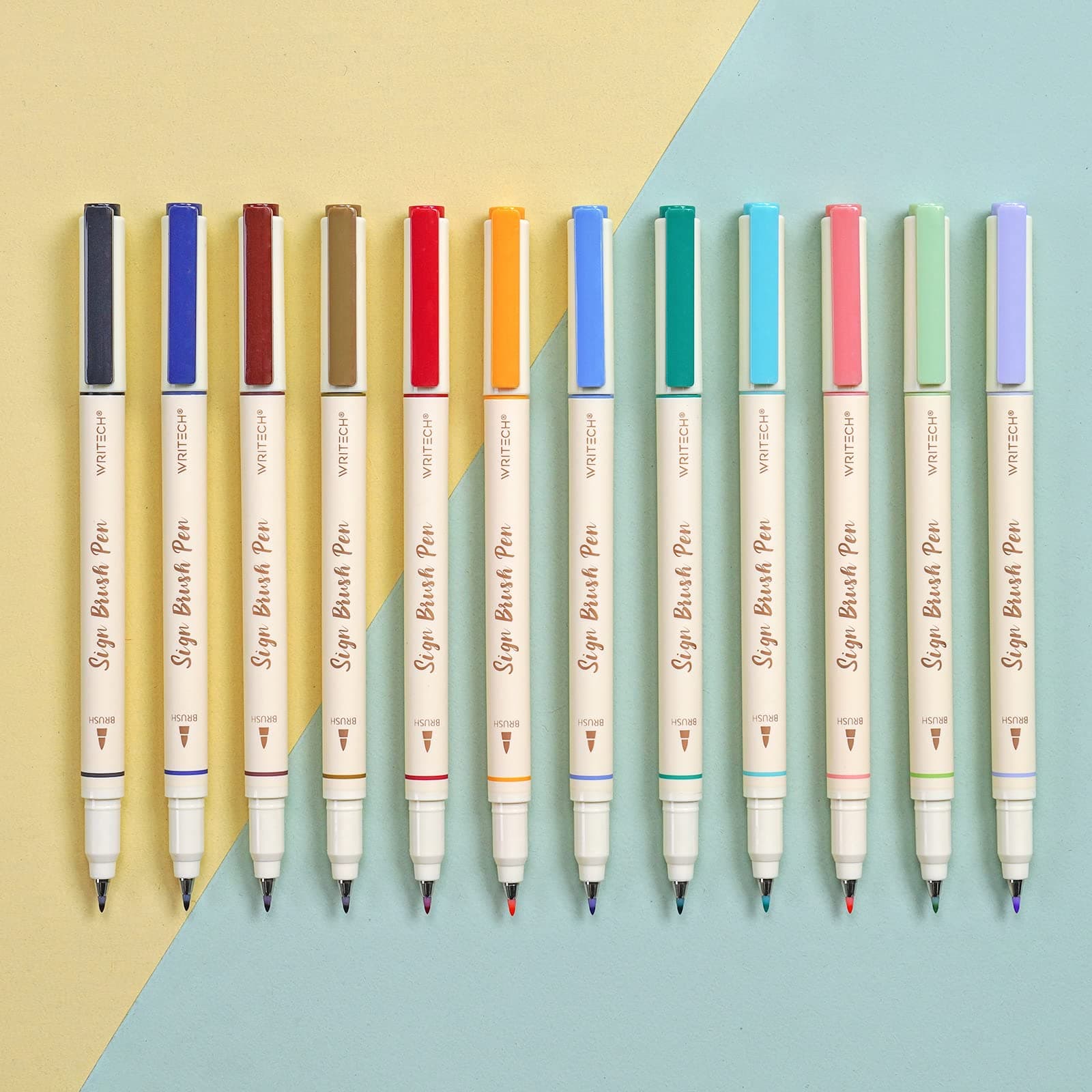 Arts Sign Brush Pen Brush Tip Marker Felt Tip Water Based Ink Color Pens 12 Assorted Pastel Colors Great for Lettering, Journaling, Calligraphy (Natural)