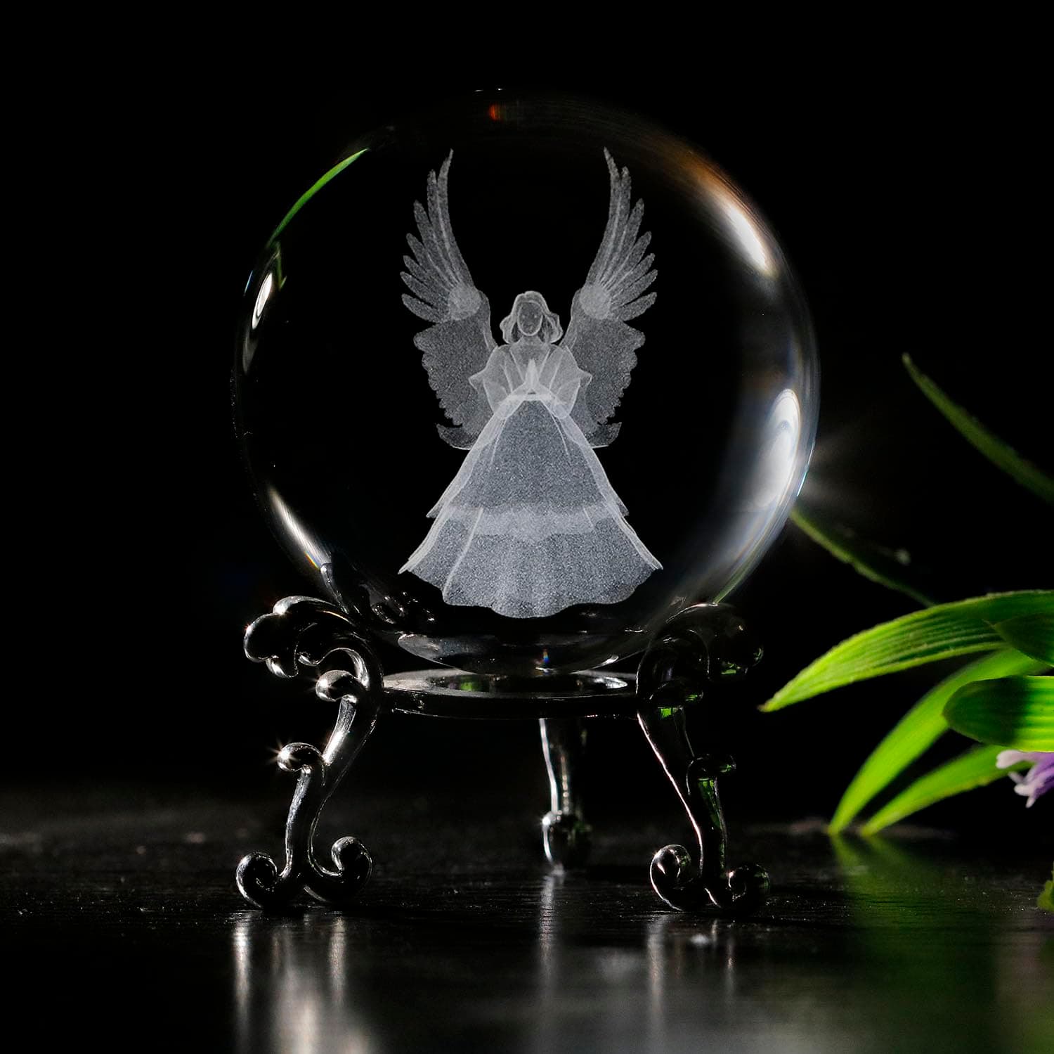 2.36in 3D Laser Crystal Guardian Angel Figurine Crystal Ball Paperweight with Stand Base - 3D Engraving Crystal Praying Angel Gift Home Decor