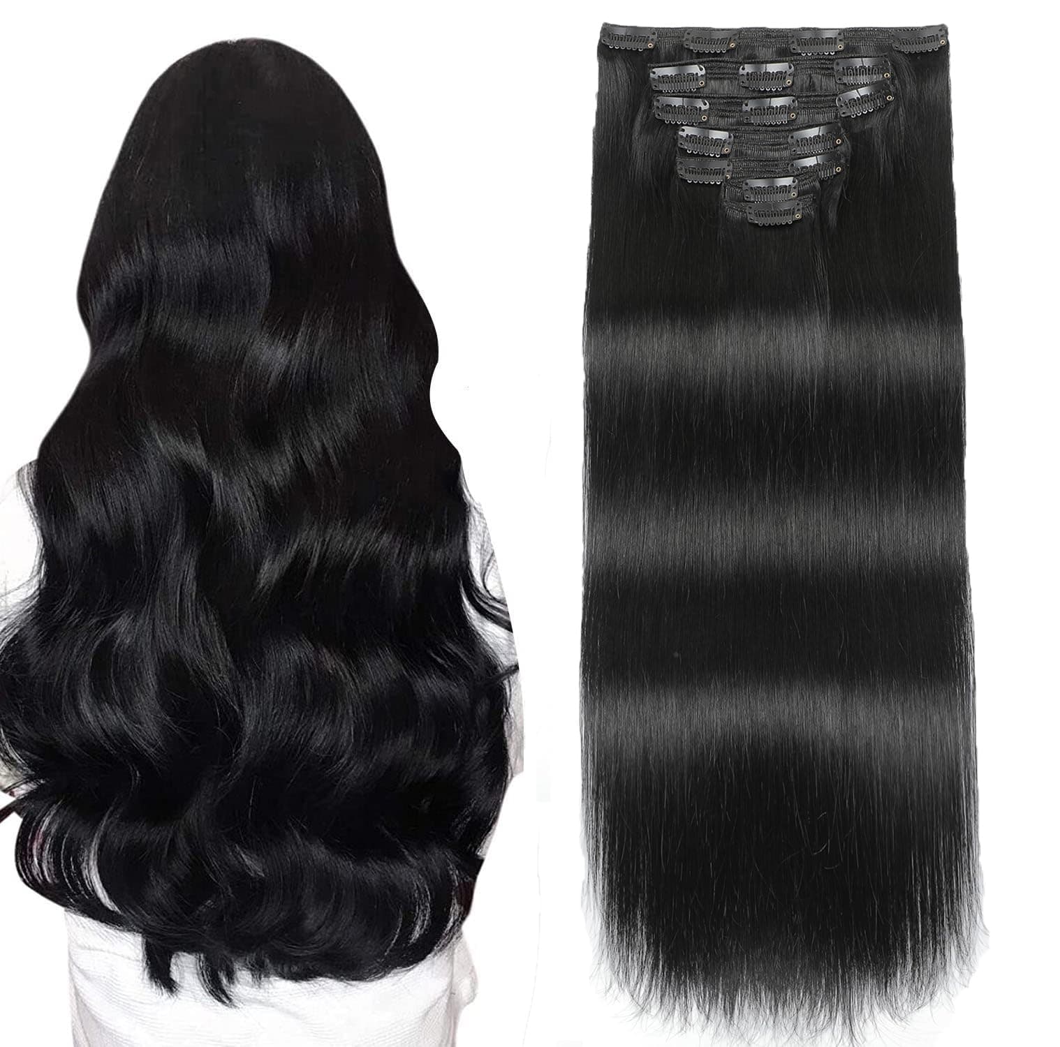 Sisily Clip in Hair Extensions Real Human Hair, 140g 7pcs Human Hair Clip in Hair Extensions Jet Black, Hair Extensions Real Human Hair Clip ins 16 Inch Straight Double Weft