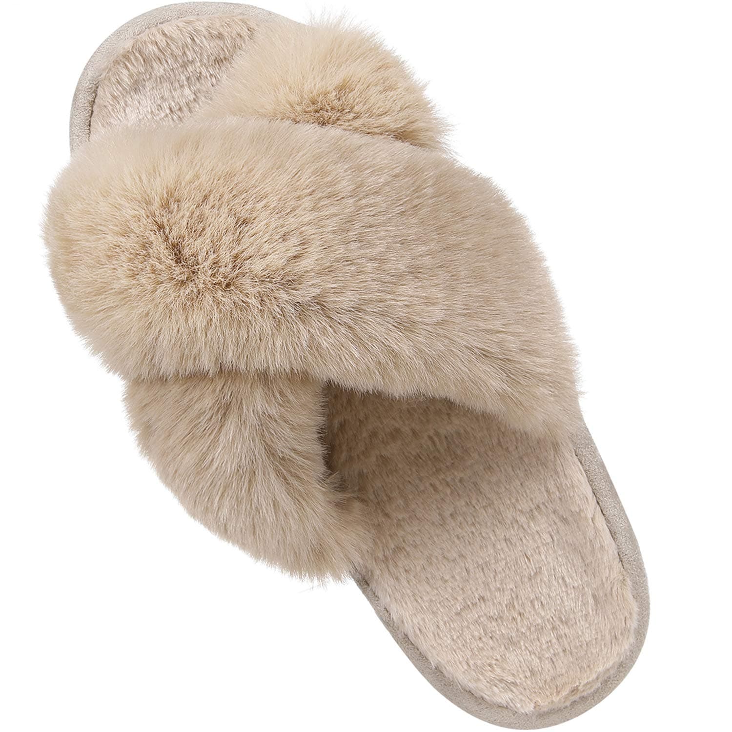 Women's Soft Plush Lightweight House Slippers Fuzzy Cross Band Slip on Open Toe Cozy Indoor Outdoor Slippers