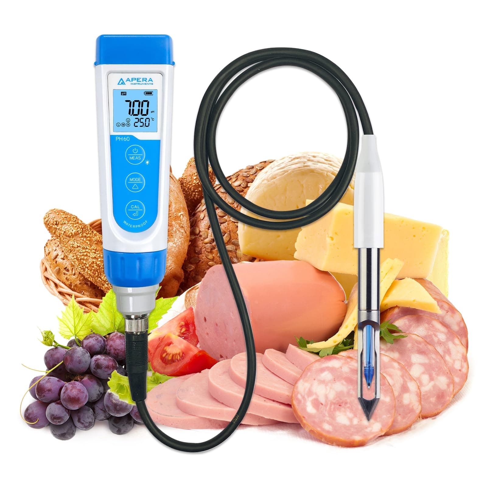 Apera Instruments PH60-MT Handheld pH Meter Tester Kit with LabSen 765 pH/Temp. Blade Spear Electrode for Lab-Grade pH Measurement in Meats and Solid Food Samples