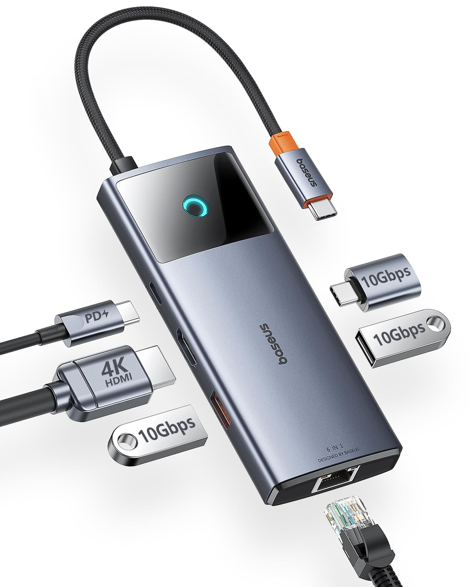 Baseus USB C Hub, 10Gbps USB C Docking Station with 3 USB A/C Data Ports, 4K@60Hz HDMI, Gigabit Ethernet, 100W PD, 6 in 1 USB C Dock Compatible for iPhone 15/Dell/HP/Mac/iPad/Microsoft/Steam Deck