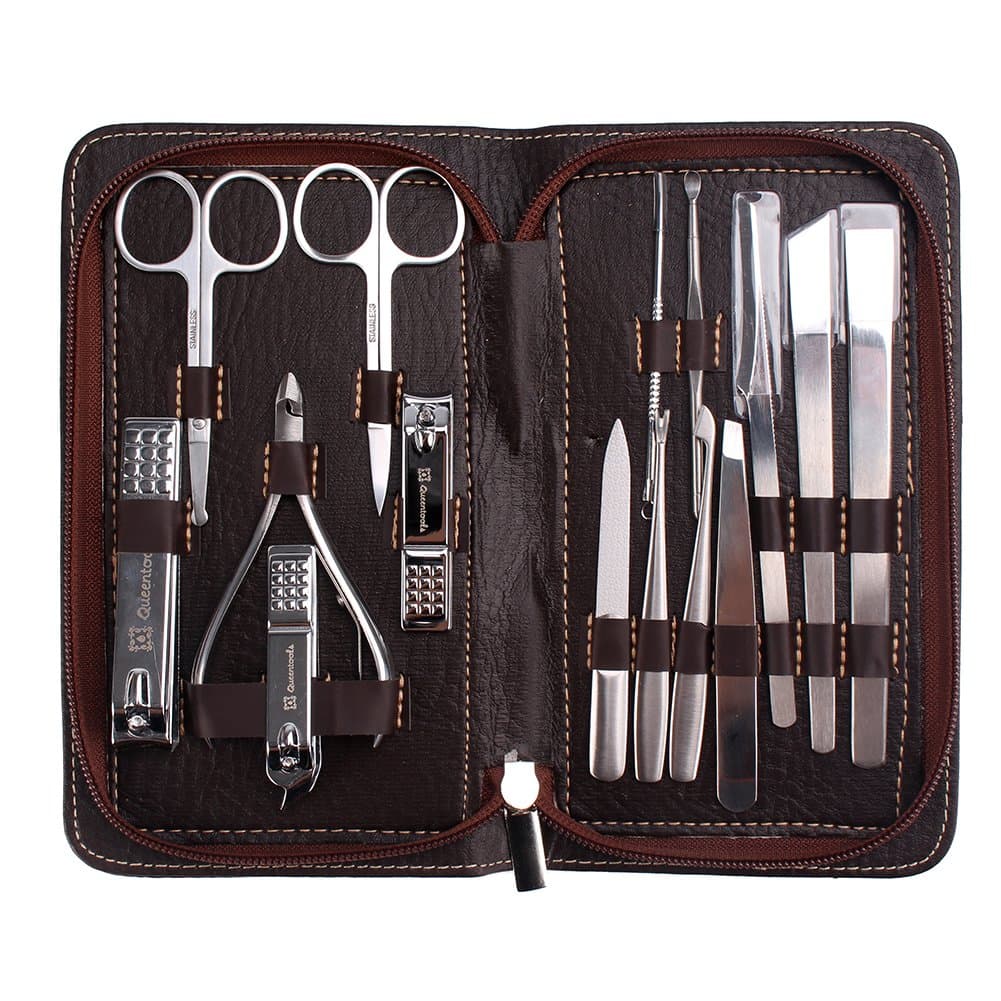 Stainless Steel Nail Manicure Set of 15 Nail Kit Pedicure Tools with a Brown PU Leather Case