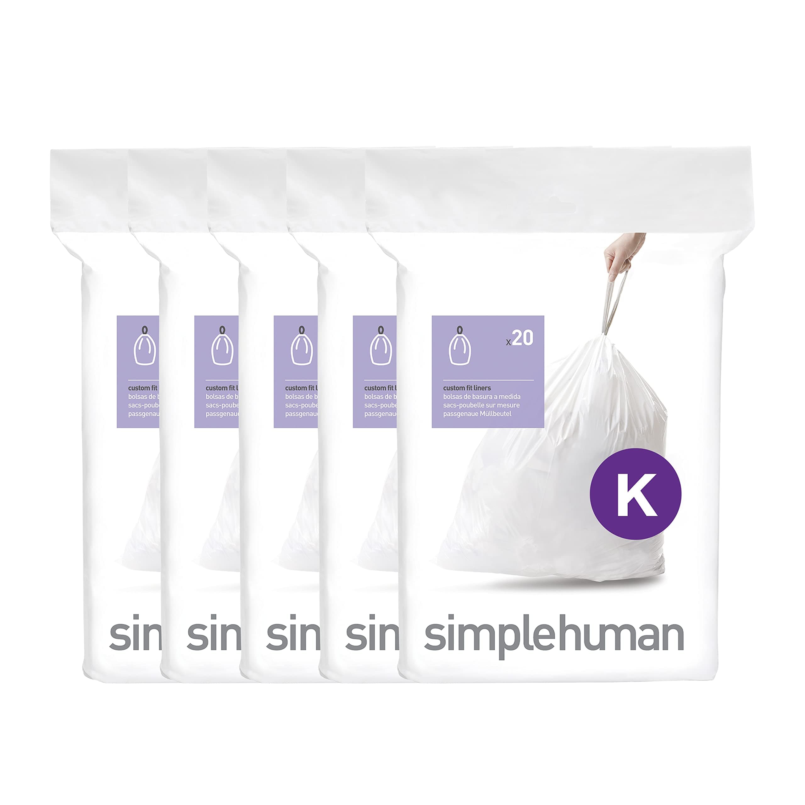 simplehuman Code K 100 Count, Dispenser Pack Custom Fit Liners, Drawstring Trash Bags, 35-45 Liter / 9-12 Gallon, White
