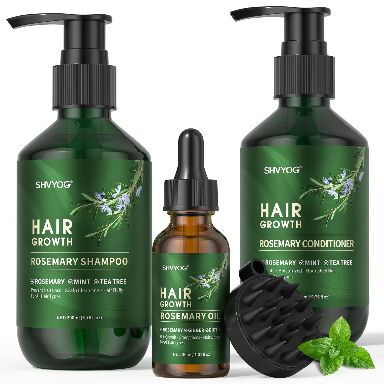 Rosemary Shampoo Conditioner Set, Rosemary Hair Growth Oil with Mint Biotin, Organic Anti Hair Loss Shampoo, Cleanse Moisturize Hair and Keep Scalp Health, 3Pcs Set Gifts for Men Women, 200ml*2+30ml