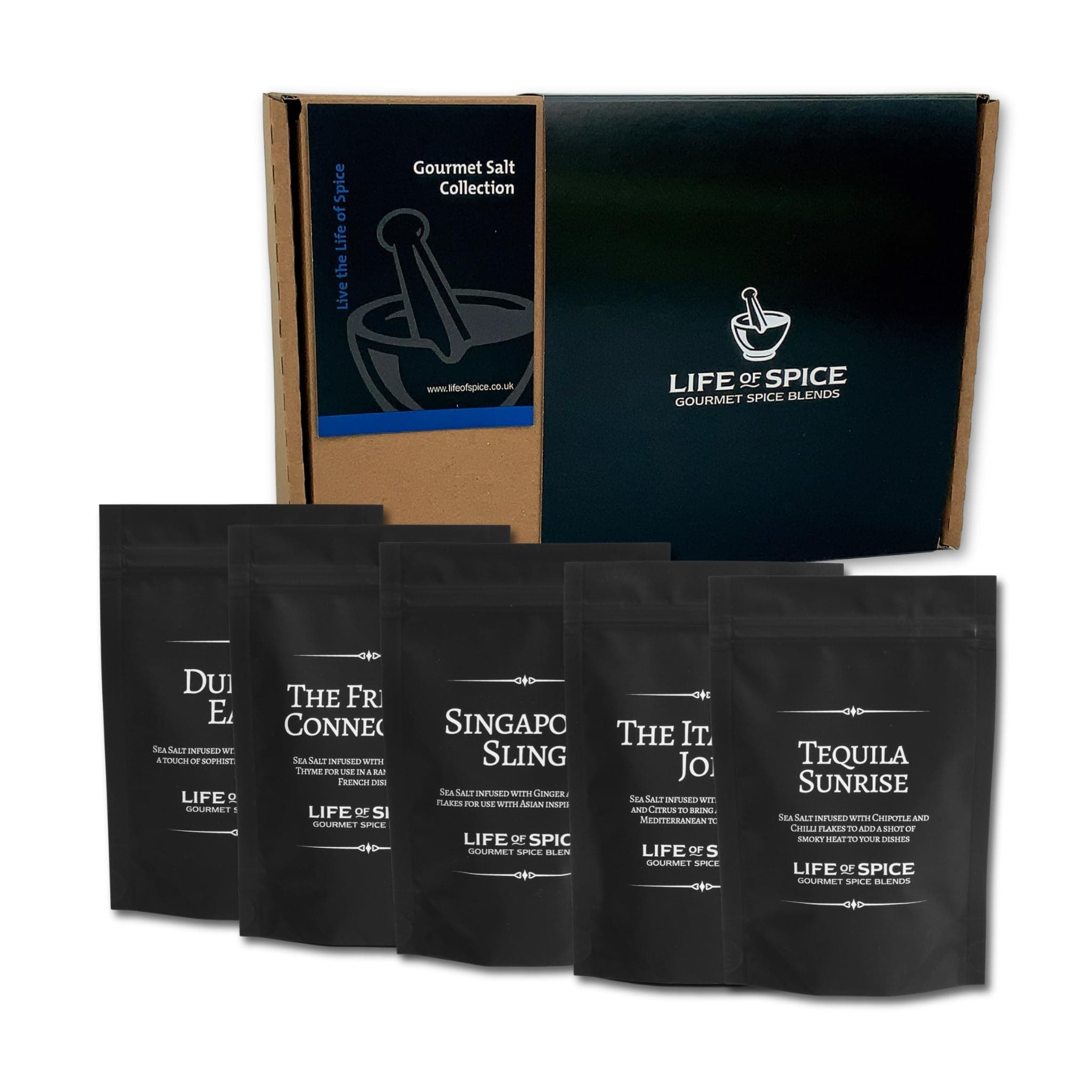 Life of Spice Gourmet Salt Collection | Flavoured Sea Salts | 375g | 5 Unique Salts with 3 Recipe Cards | Finishing Salt | Brilliant for Pizza, Pasta, Mexican, Asian and French dishes | Great Gift