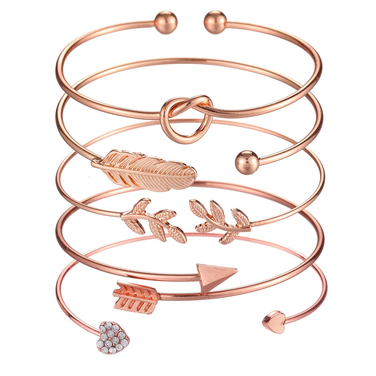 5pcs Bangle Rose Gold Bracelets for Women Heart|Olive Leaf|Arrow|Feather|Knot Heart Open Cuff Bracelet Set Adjustable
