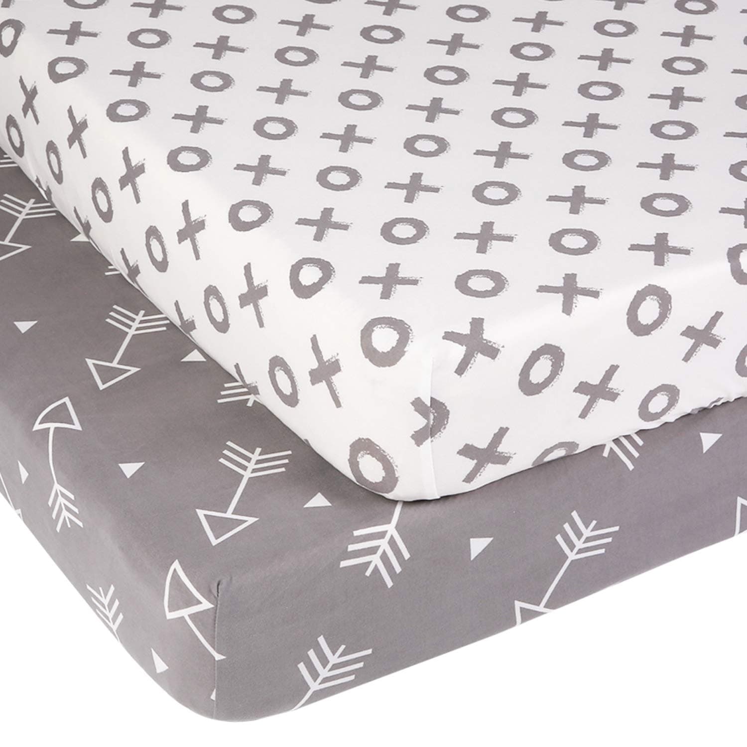 BORITAR Crib Sheets Soft Stretchy Jersey Knit 2 Pack, Semi-Waterproof Portable Mattress Covers for Boys with Grey Arrow and Circle Printed