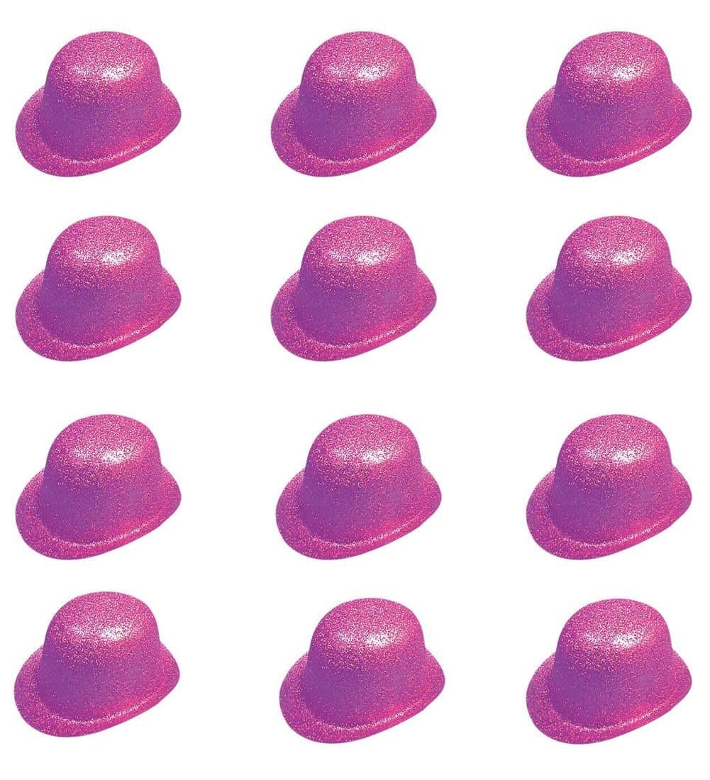 12 X Glitter Plastic Bowler Hats Various Colours (Pink)