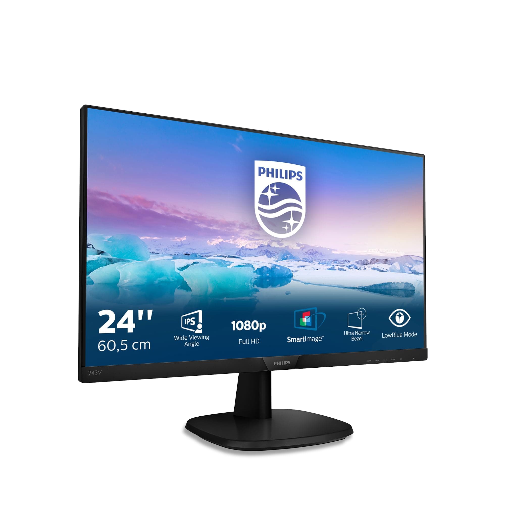 Philips 243V7QJABF - 24 Inch FHD Monitor, 75Hz, 4ms, IPS, Speakers, Smart Image, Narrow Border, LowBlue mode (1920 x 1080, 250 cd/m², HDMI/VGA/DVI)