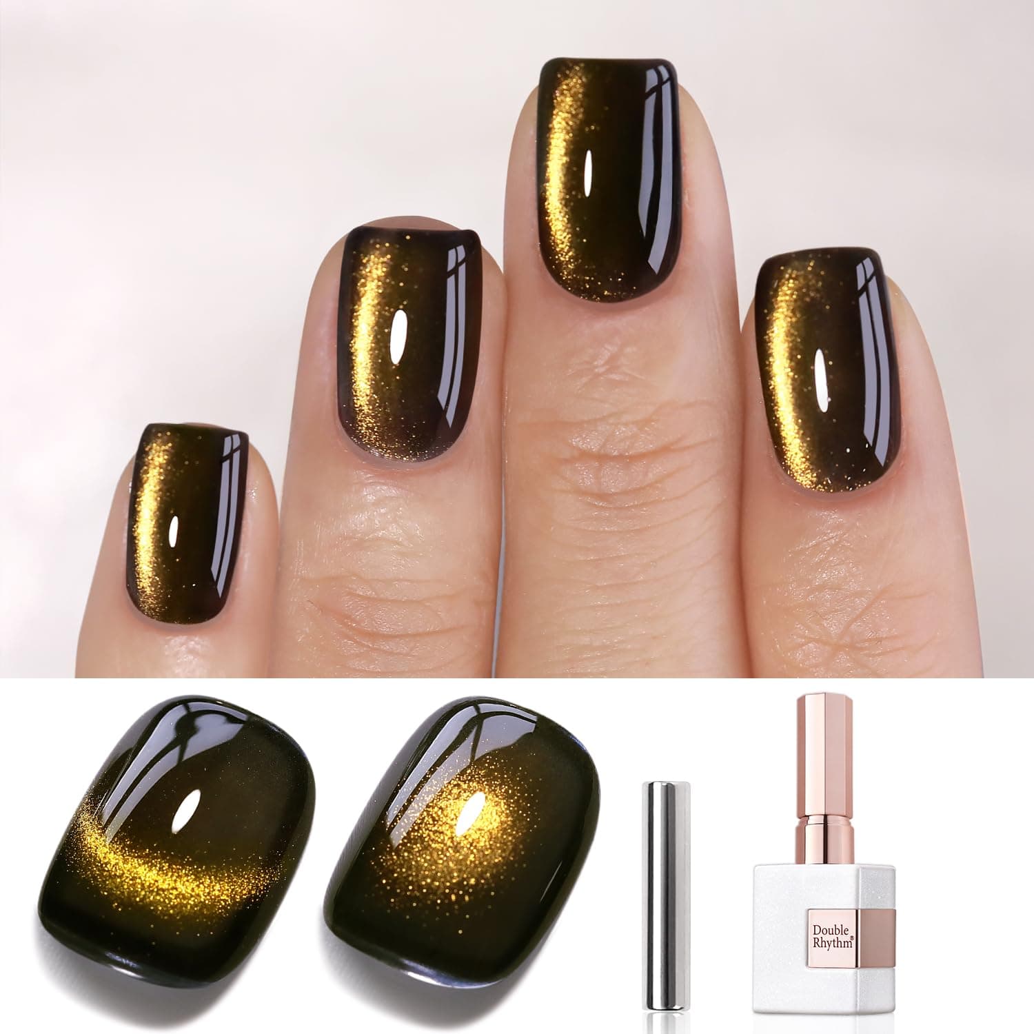 - Double Rhythm Cat Eye Gel Polish with Magnet 15ML Glass Holographic Glitter Shimmer Translucent Sheer Color Salon Soak Off Magnetic at Home (Black Gold-MC1146)