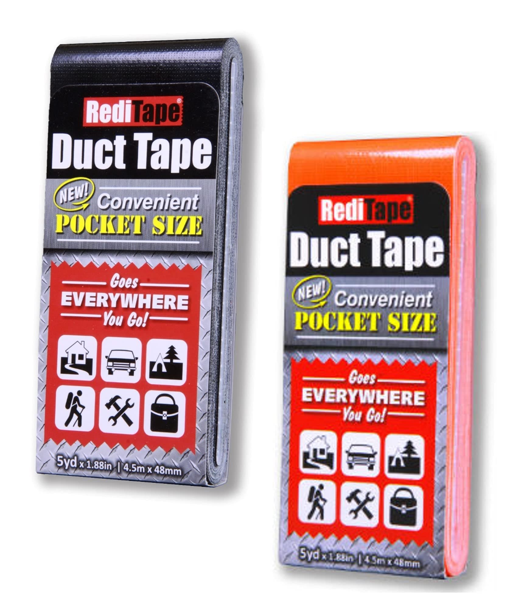 Travel Size Duct Tape Colors 2-Pack (Black & Fluorescent Orange) - Pocket Size Flat Mini Roll - for Repairs Outdoors Emergency Crafts - 1.88 inch x 5 Yards per Pack