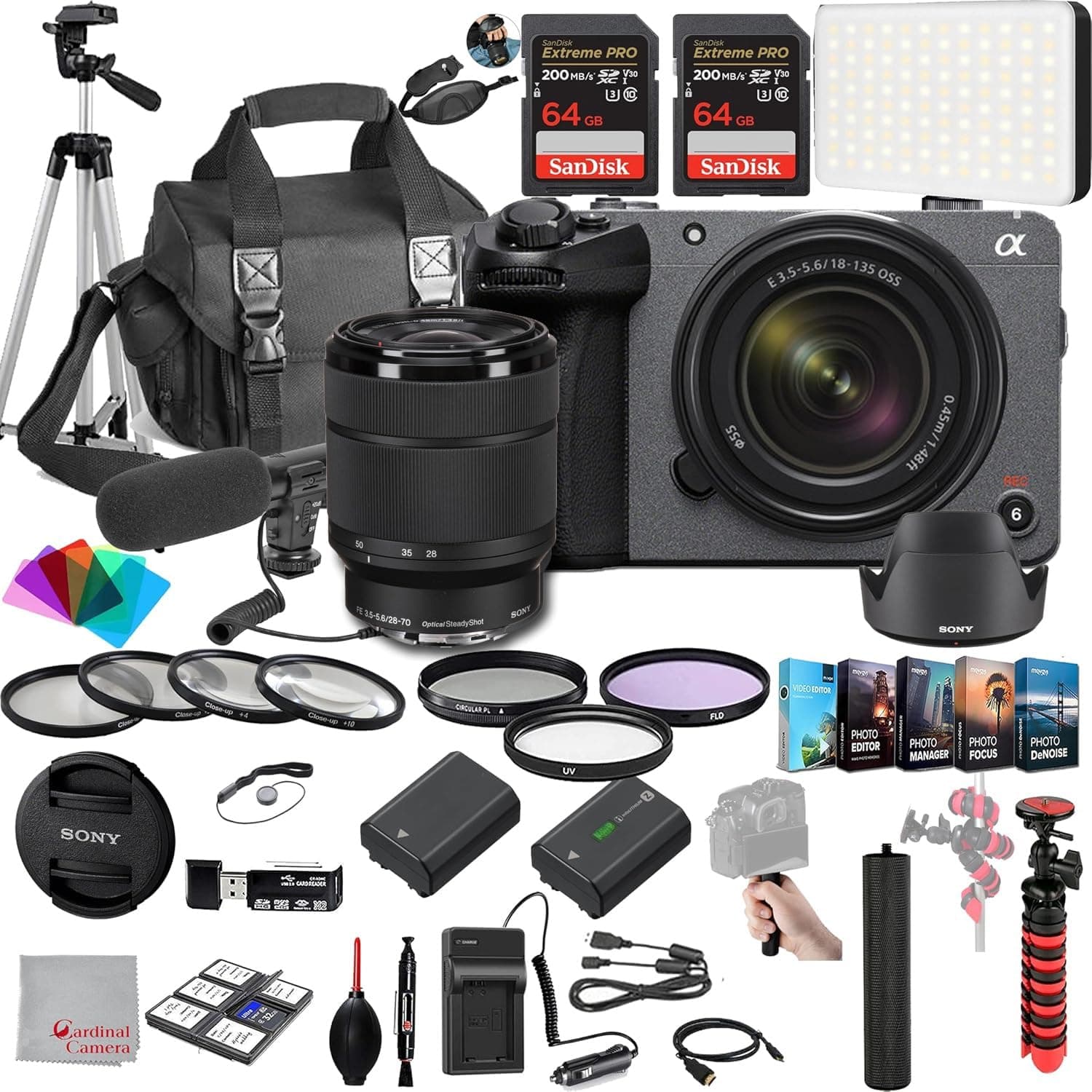 Sony FX30 Digital Cinema Camera with 28-70mm Lens, 128GB Extreme Speed Memory,Microphone, 120LED Video Light, Tripod, Filters, Hood, Grip,Spare Battery & Charger, Software Kit -Deluxe Bundle, Black