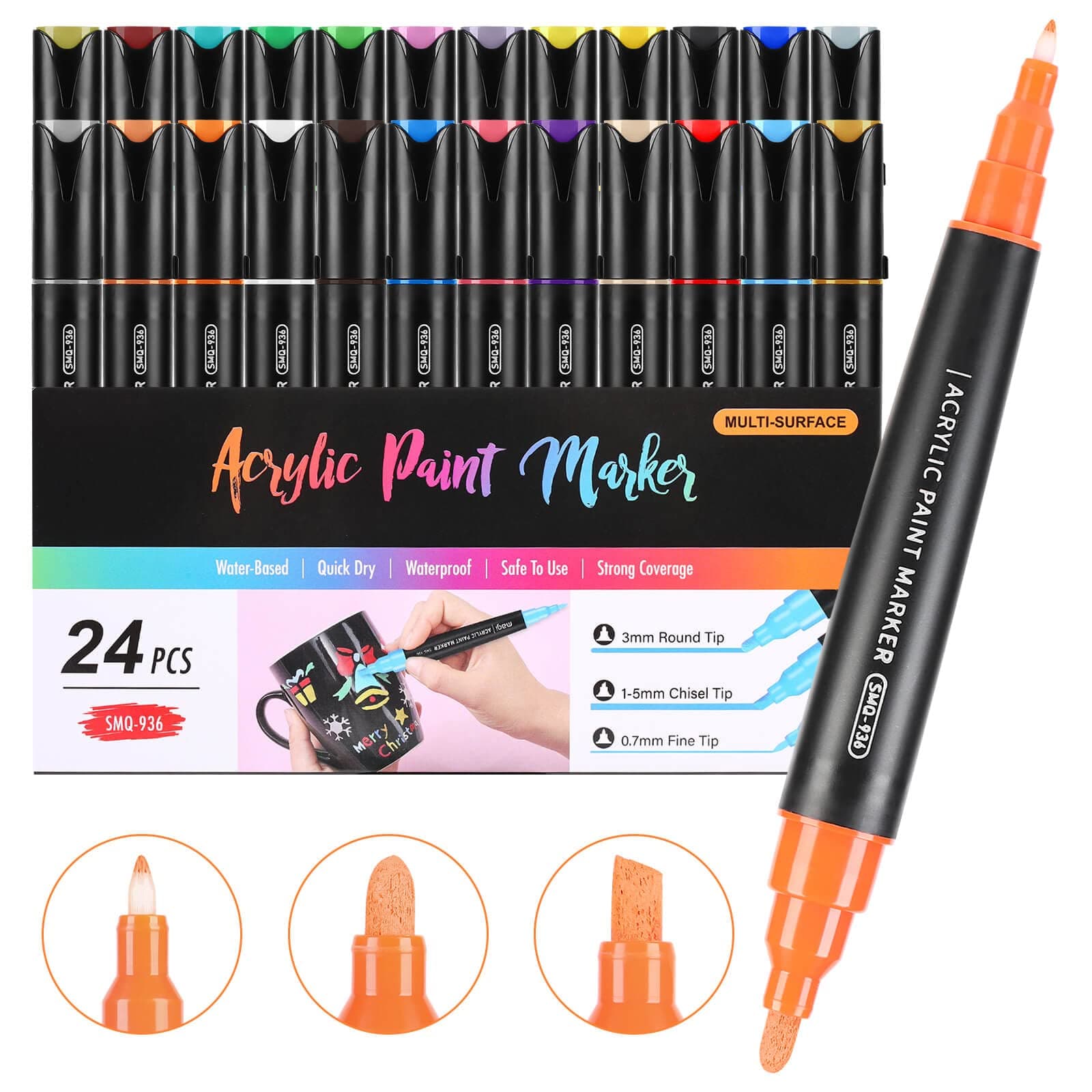 24 Colors Three Tips Acrylic Paint Markers, Fine Medium Chisel Tip Acrylic Paint Pens for Rock Painting, Wood, Canvas, Ceramic, Fabric, Arts and Crafts for Adults